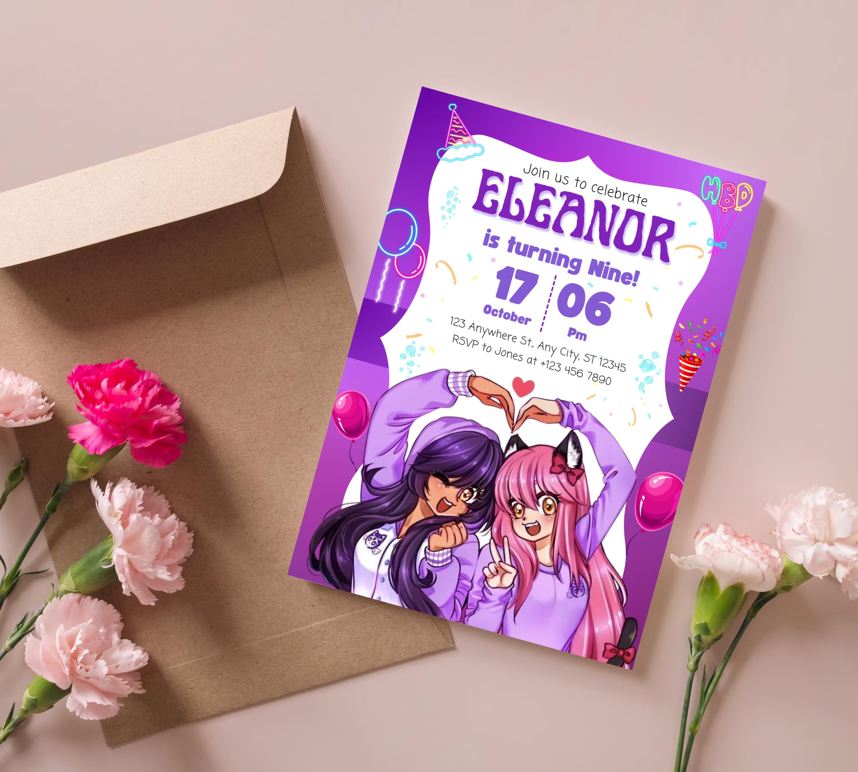 Aphmau Birthday Invitation| Printable Kids Invitation| Birthday Girl Invitation| Purple Theme Birthday invitation| purple Editable Template