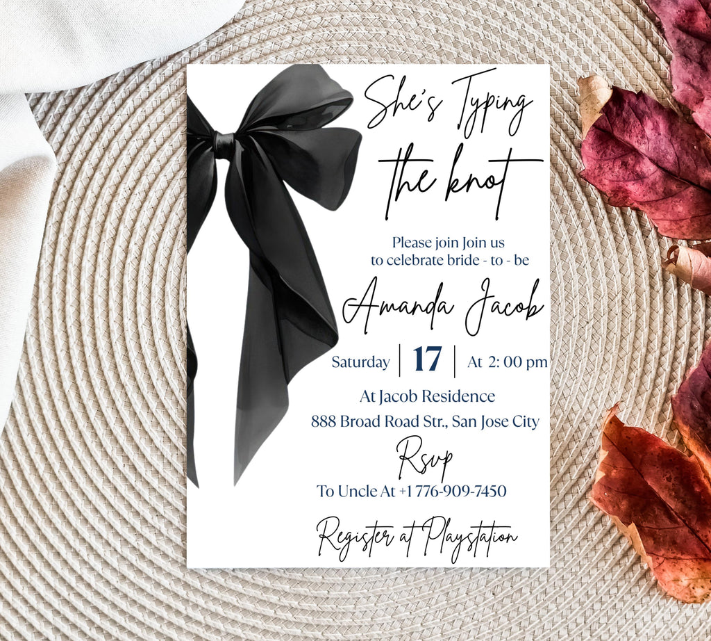 Editable She's Tying the Knot Bridal Shower Invitation Template, Minimalist Black Bow Bridal Shower Invite, Black Ribbon Wedding Shower