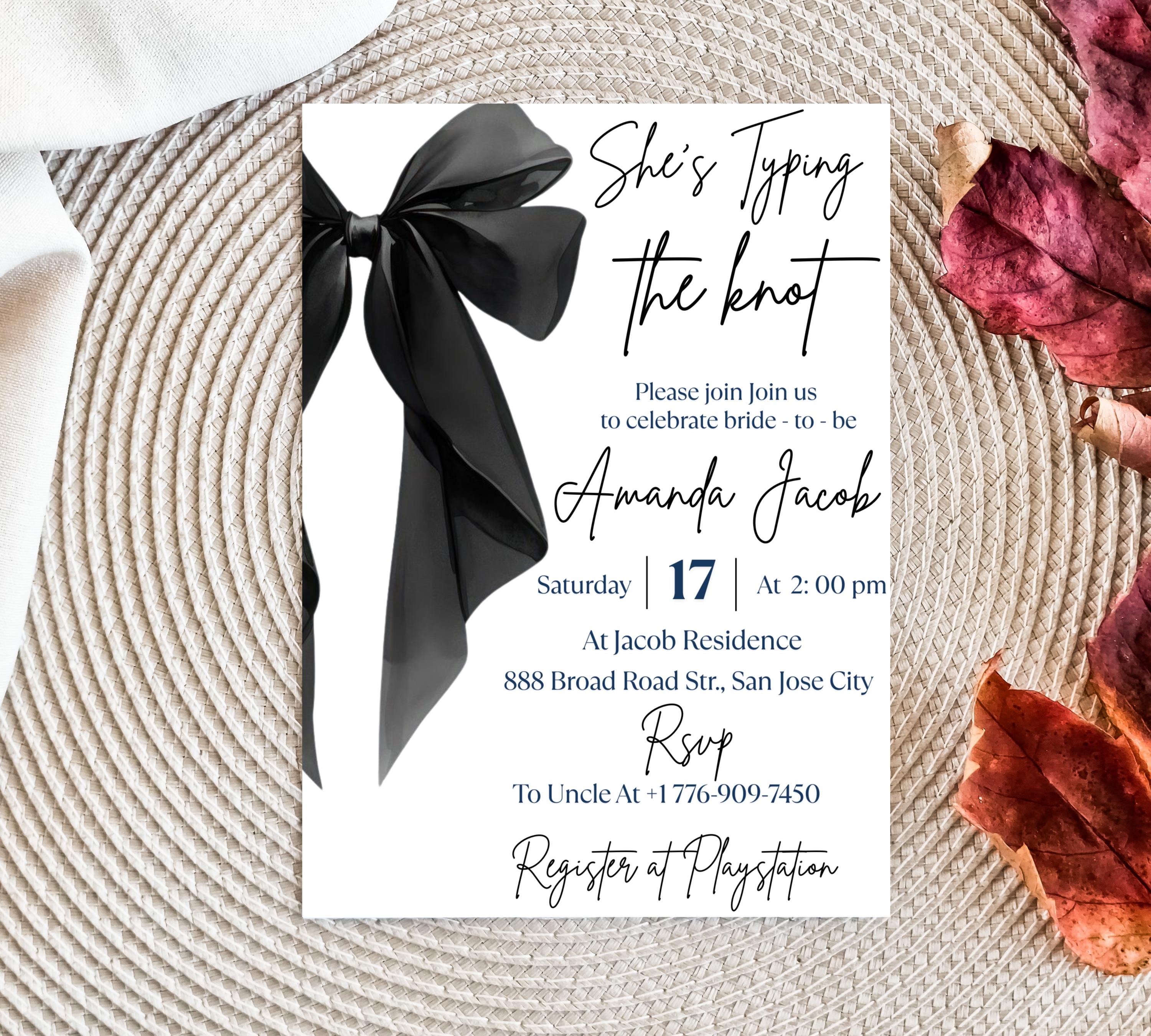 Editable She's Tying the Knot Bridal Shower Invitation Template, Minimalist Black Bow Bridal Shower Invite, Black Ribbon Wedding Shower