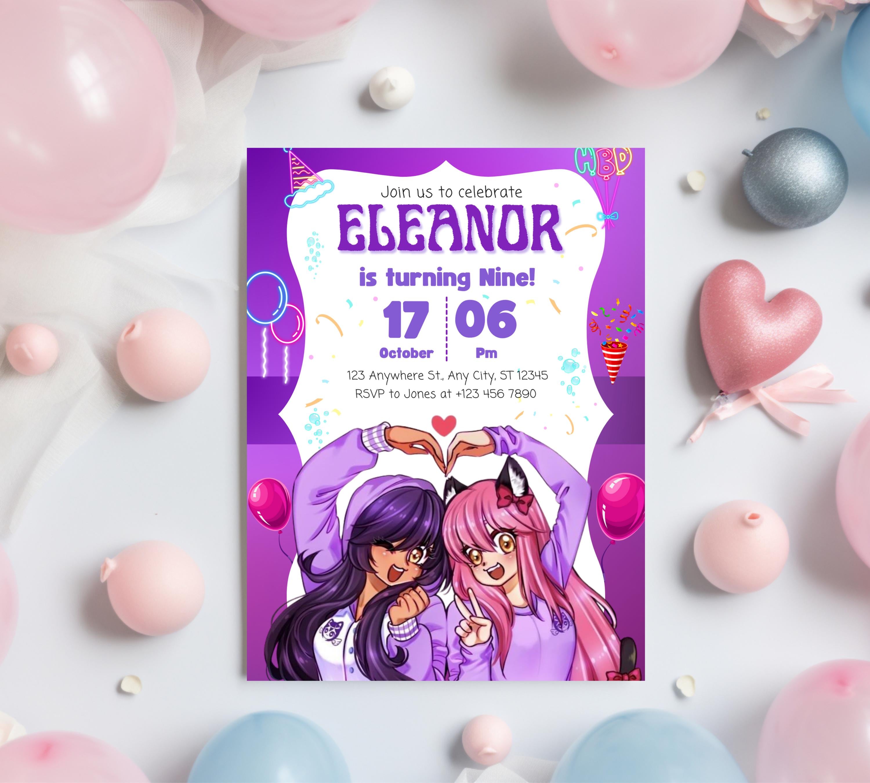 Aphmau Birthday Invitation| Printable Kids Invitation| Birthday Girl Invitation| Purple Theme Birthday invitation| purple Editable Template