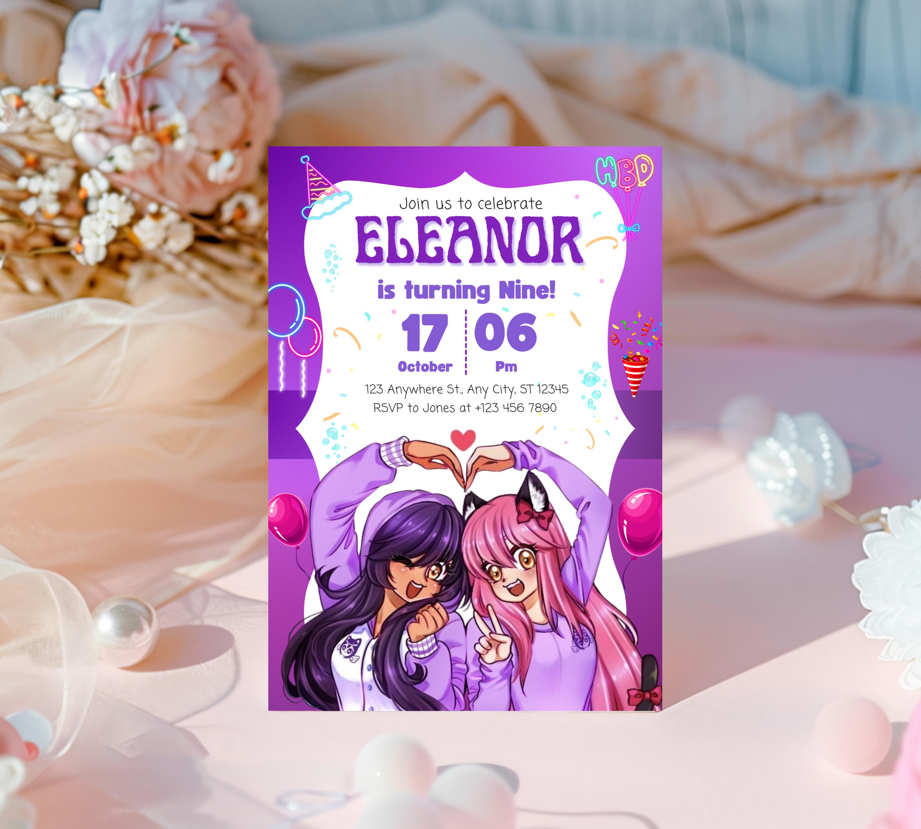 Aphmau Birthday Invitation| Printable Kids Invitation| Birthday Girl Invitation| Purple Theme Birthday invitation| purple Editable Template