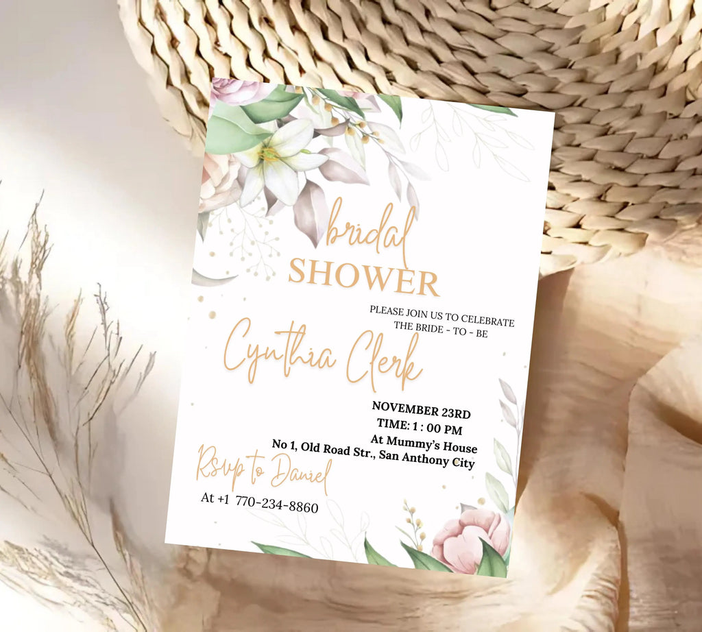 EDITABLE Blush Pink Bridal Shower invitation Template, Blush Pink Bridal Shower Invite | Editable Floral Bridal Shower Invitation