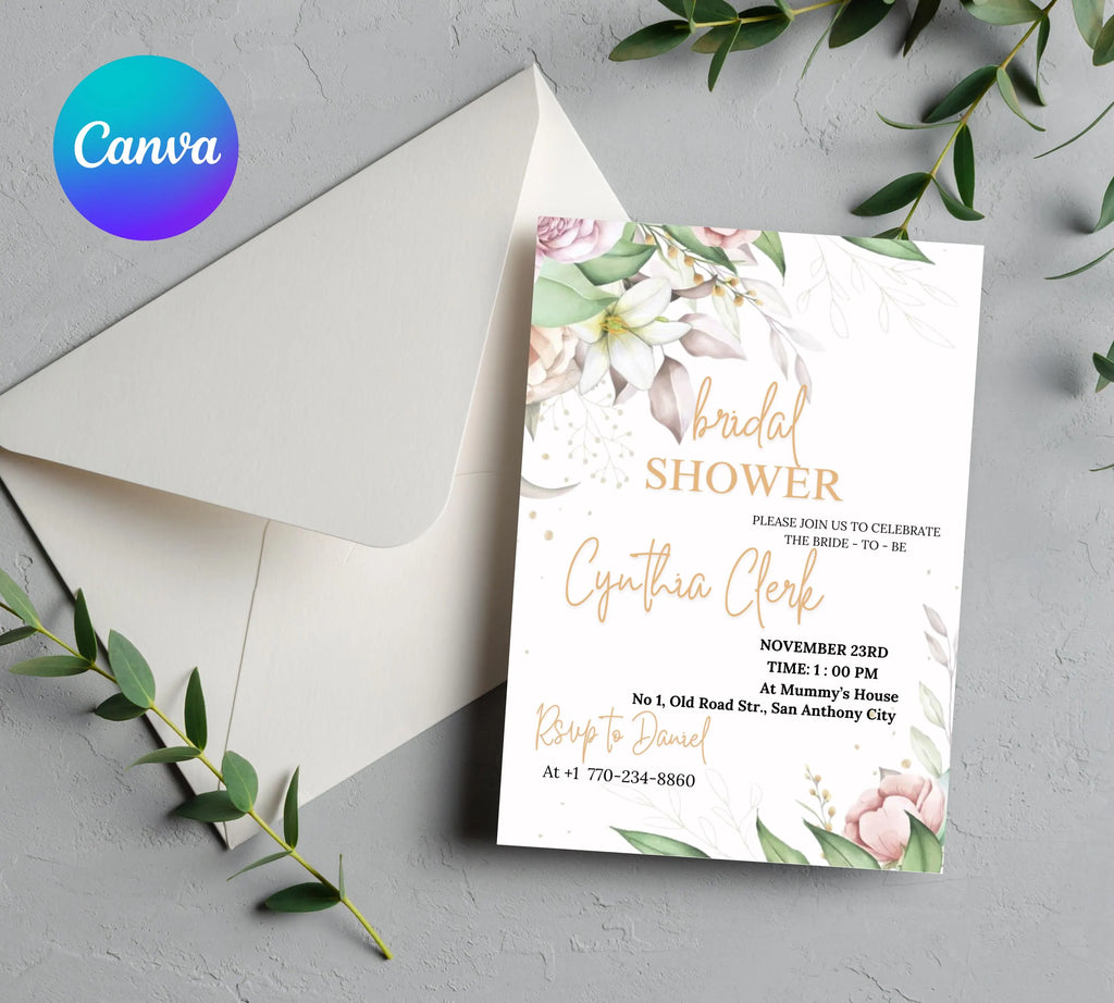 EDITABLE Blush Pink Bridal Shower invitation Template, Blush Pink Bridal Shower Invite | Editable Floral Bridal Shower Invitation