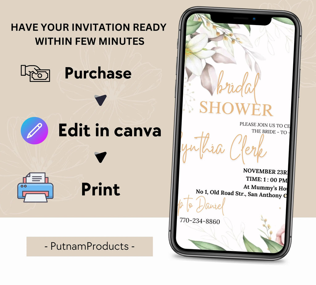 EDITABLE Blush Pink Bridal Shower invitation Template, Blush Pink Bridal Shower Invite | Editable Floral Bridal Shower Invitation