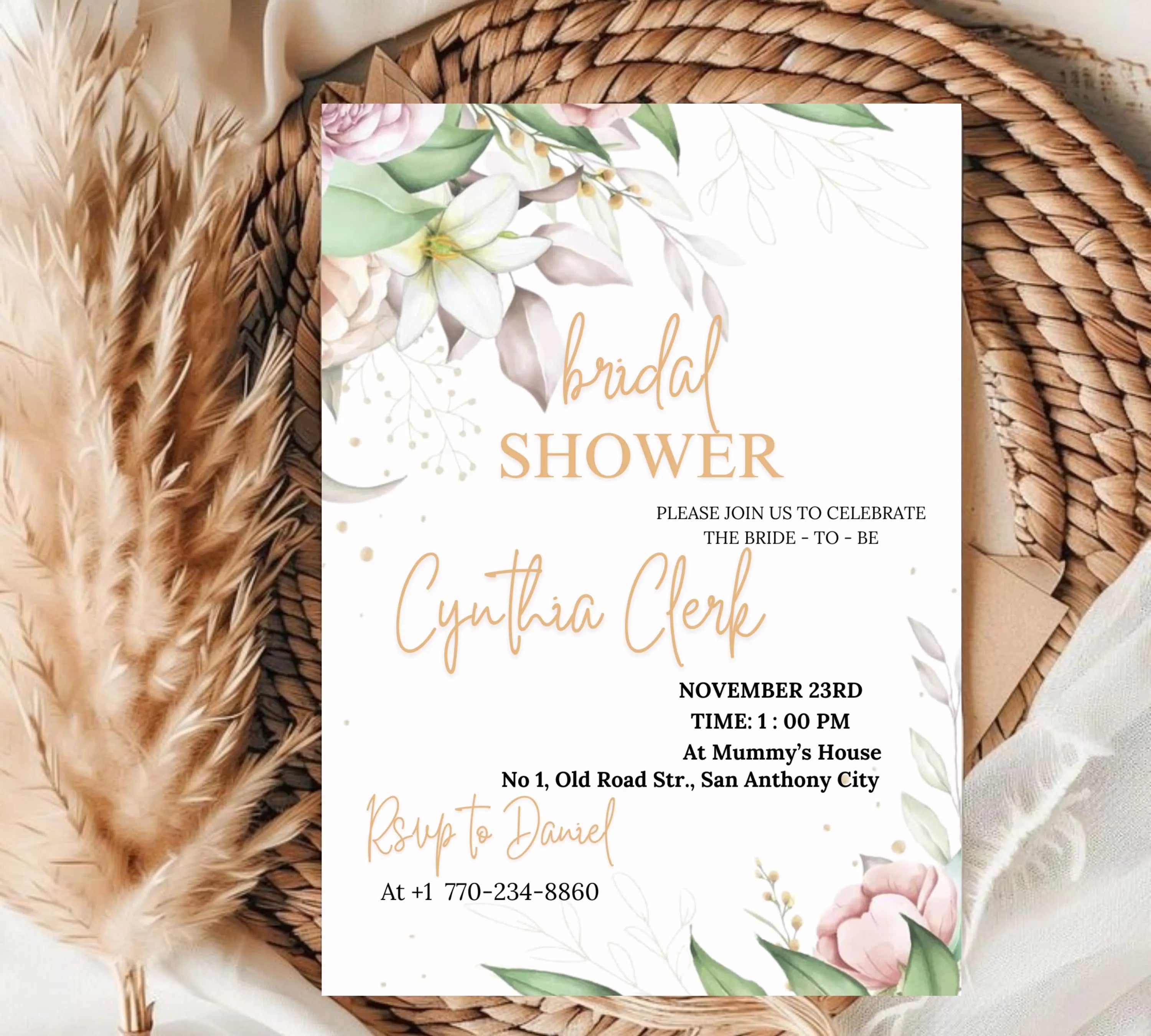 EDITABLE Blush Pink Bridal Shower invitation Template, Blush Pink Bridal Shower Invite | Editable Floral Bridal Shower Invitation