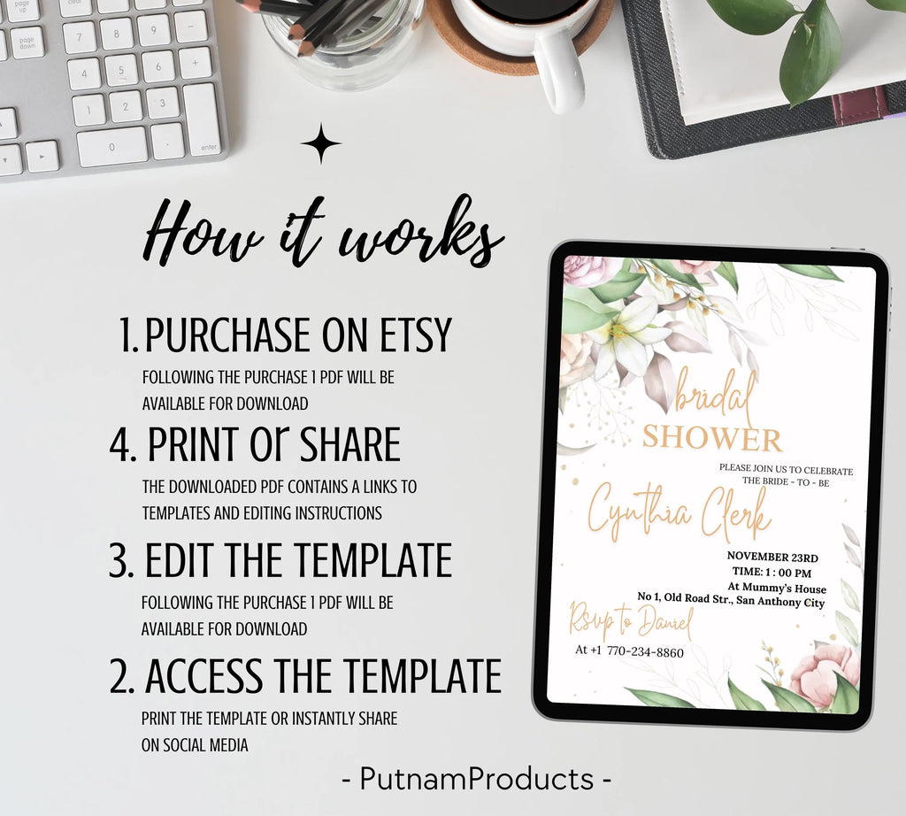 EDITABLE Blush Pink Bridal Shower invitation Template, Blush Pink Bridal Shower Invite | Editable Floral Bridal Shower Invitation