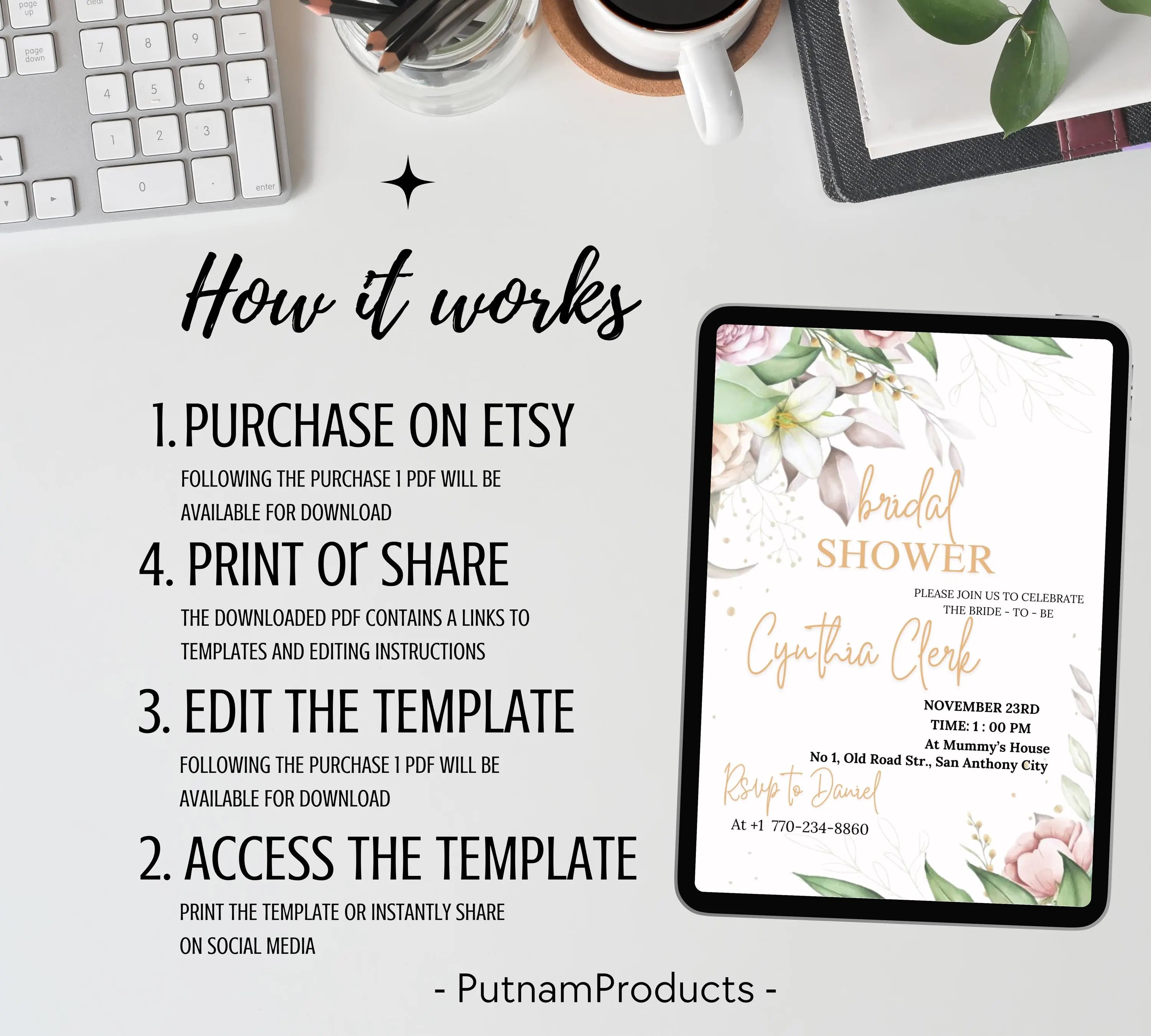 EDITABLE Blush Pink Bridal Shower invitation Template, Blush Pink Bridal Shower Invite | Editable Floral Bridal Shower Invitation