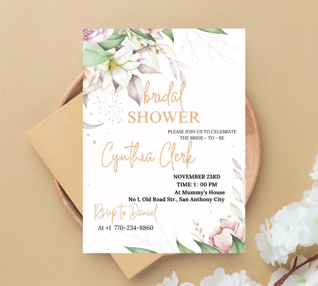 EDITABLE Blush Pink Bridal Shower invitation Template, Blush Pink Bridal Shower Invite | Editable Floral Bridal Shower Invitation