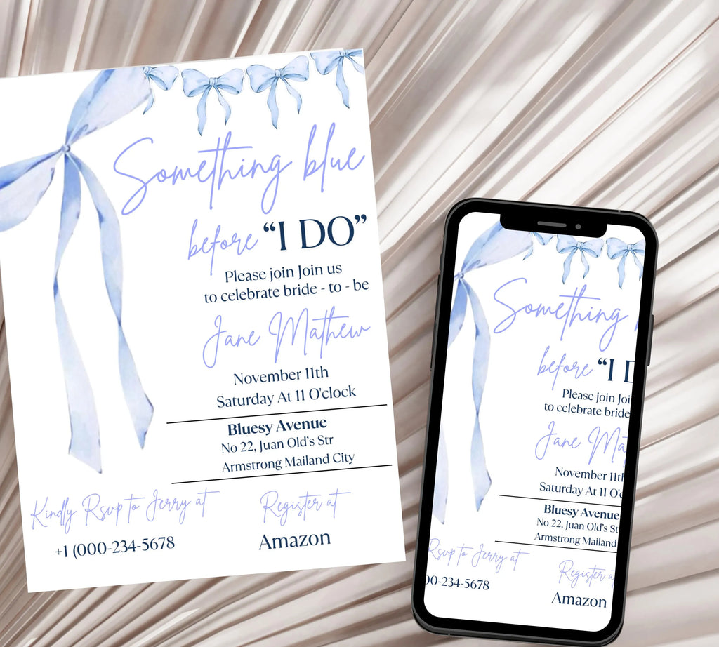Something Blue Before I Do Bridal Shower Template, Editable Blue Ribbon Bridal Shower invite, Dusty Blue Bridal Invitation