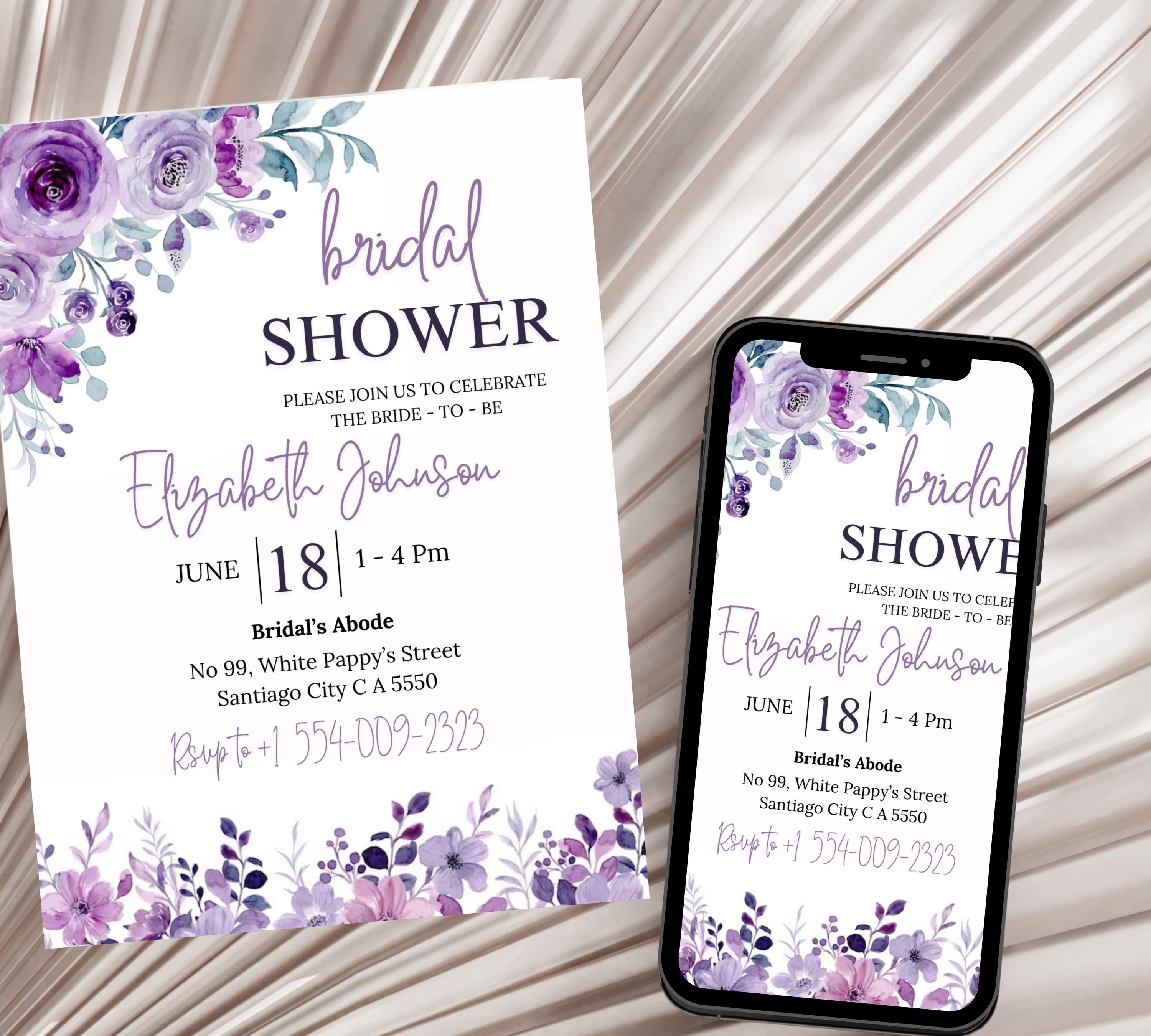 Lavender Bridal Shower Invitation Template, Greenery Bridal Shower Invitation Printable, Purple Floral Bridal Shower Invitations
