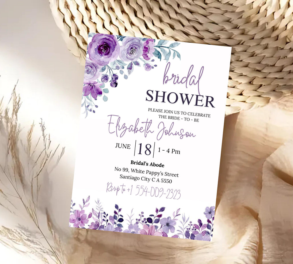 Lavender Bridal Shower Invitation Template, Greenery Bridal Shower Invitation Printable, Purple Floral Bridal Shower Invitations