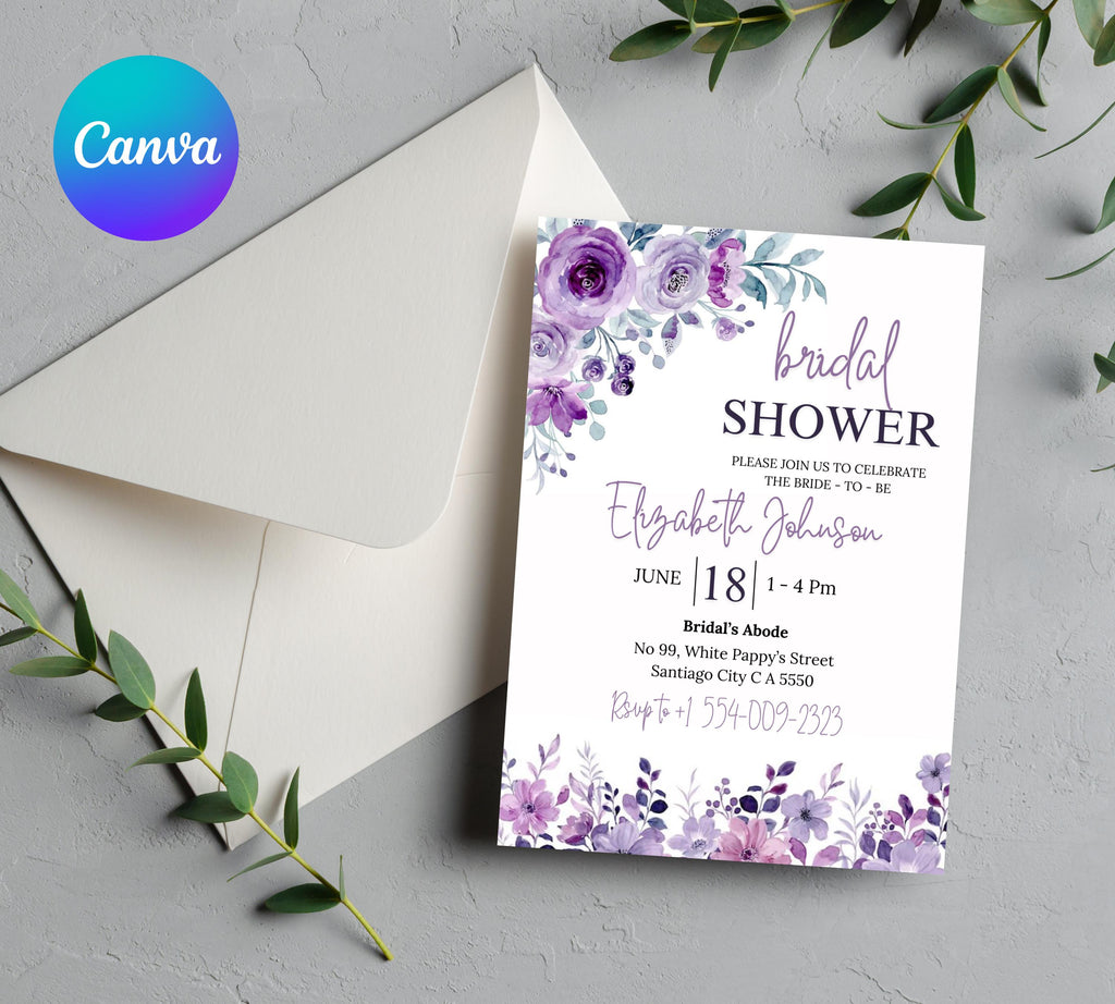 Lavender Bridal Shower Invitation Template, Greenery Bridal Shower Invitation Printable, Purple Floral Bridal Shower Invitations