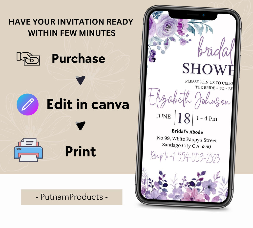 Lavender Bridal Shower Invitation Template, Greenery Bridal Shower Invitation Printable, Purple Floral Bridal Shower Invitations