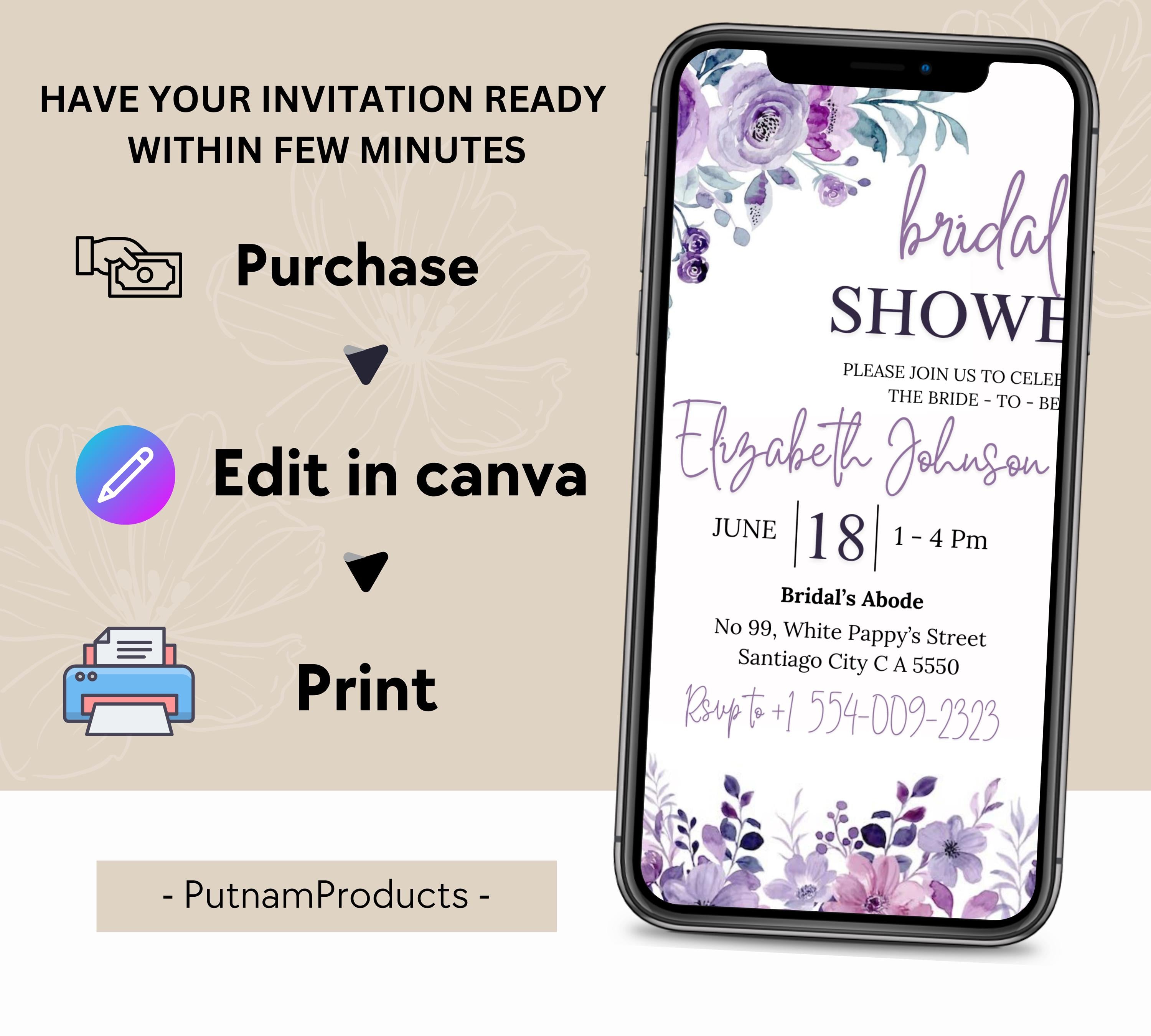 Lavender Bridal Shower Invitation Template, Greenery Bridal Shower Invitation Printable, Purple Floral Bridal Shower Invitations