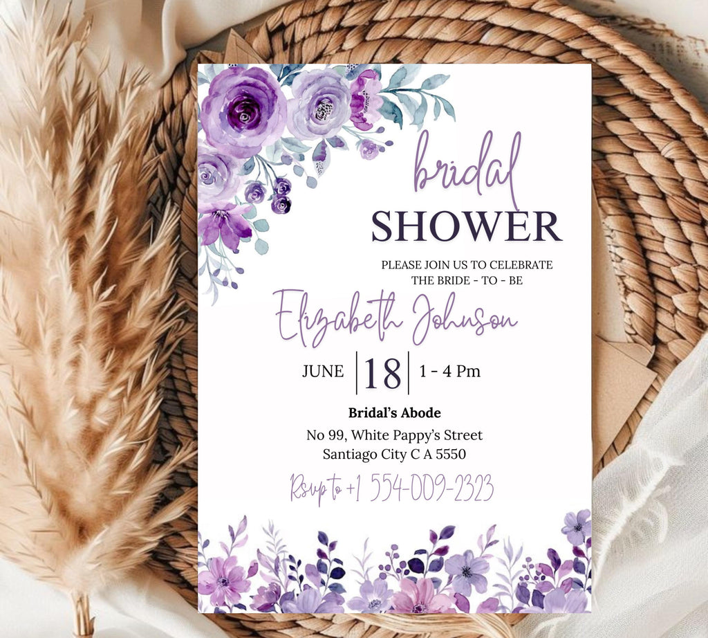 Lavender Bridal Shower Invitation Template, Greenery Bridal Shower Invitation Printable, Purple Floral Bridal Shower Invitations