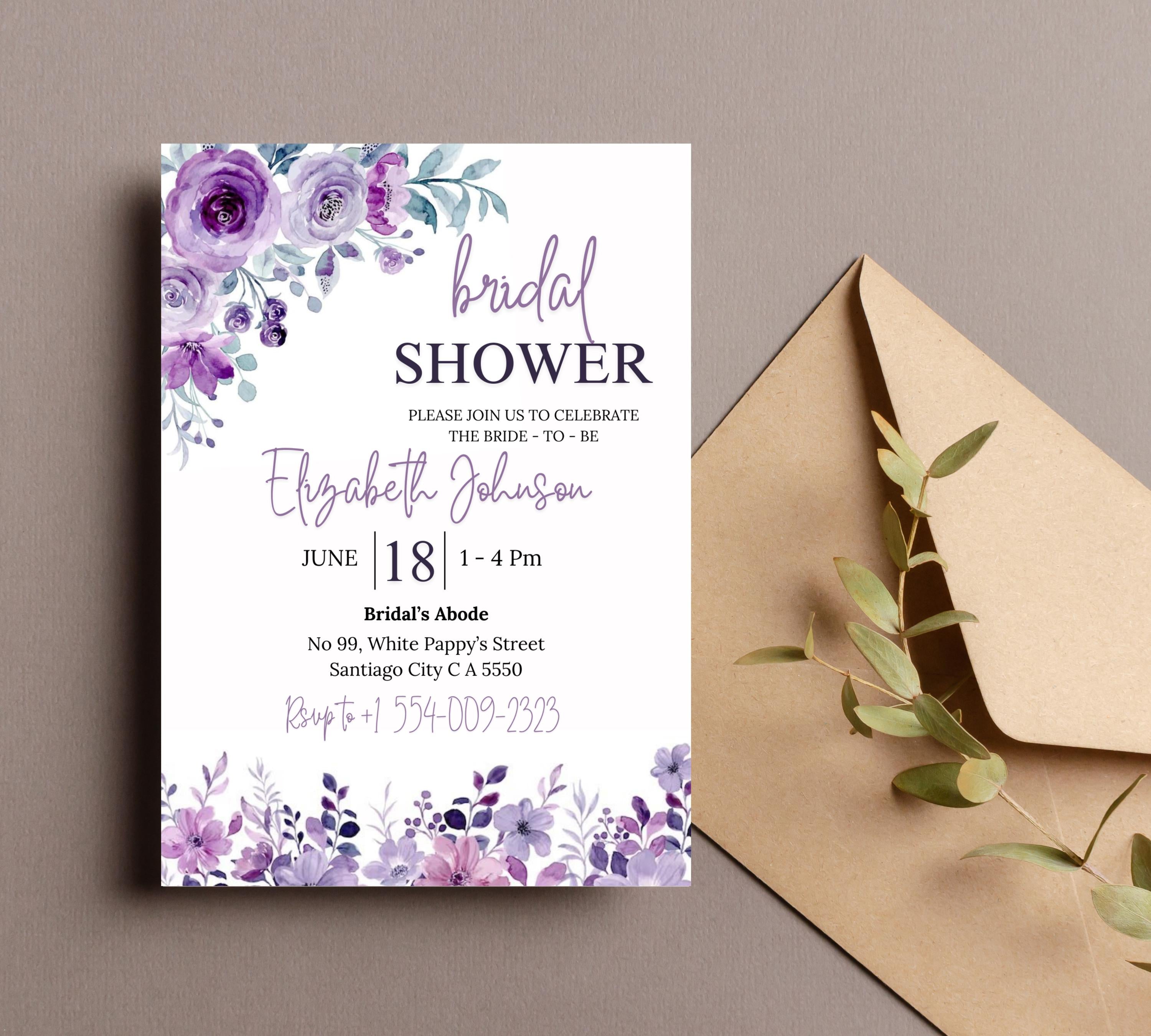 Lavender Bridal Shower Invitation Template, Greenery Bridal Shower Invitation Printable, Purple Floral Bridal Shower Invitations