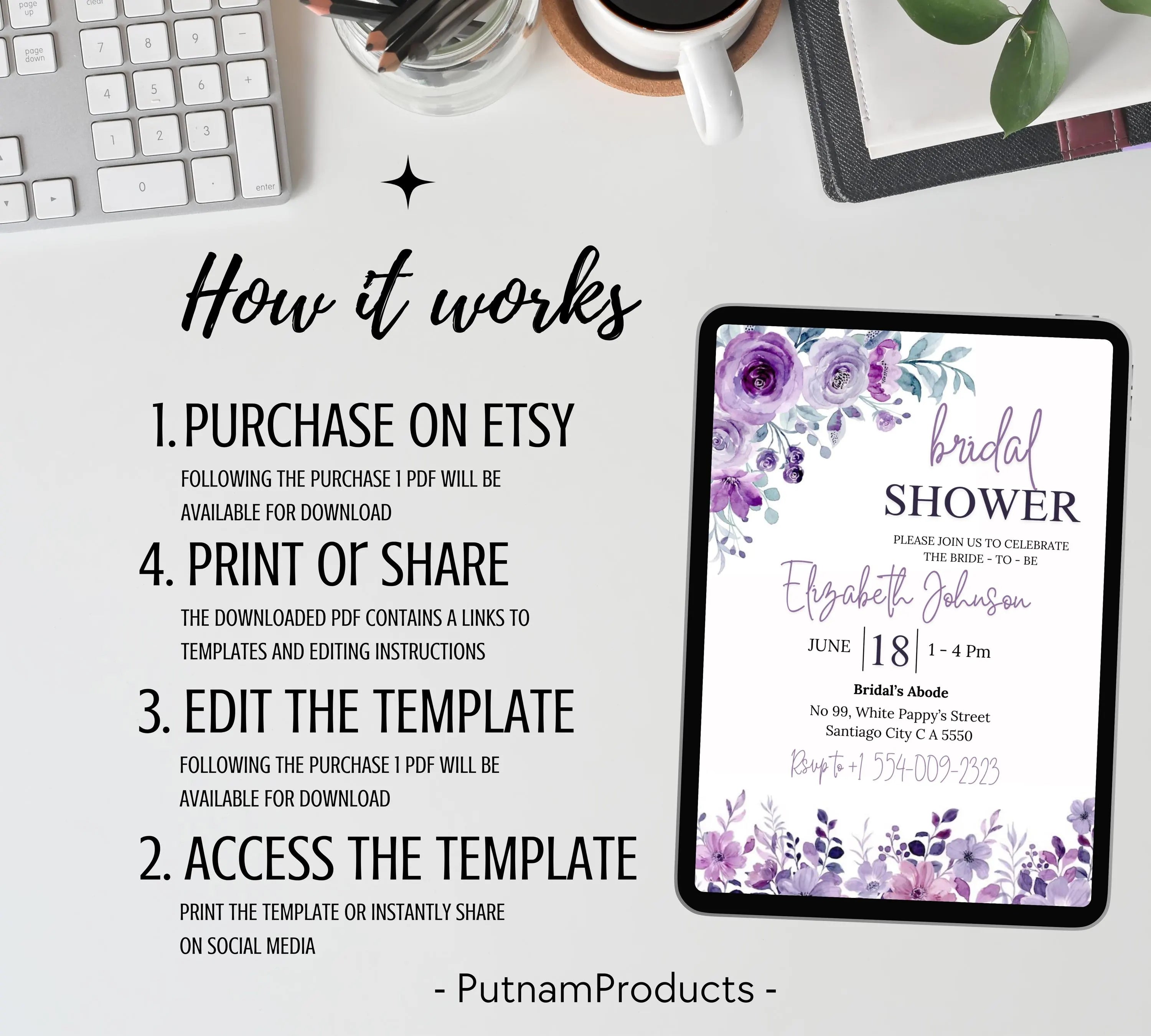 Lavender Bridal Shower Invitation Template, Greenery Bridal Shower Invitation Printable, Purple Floral Bridal Shower Invitations