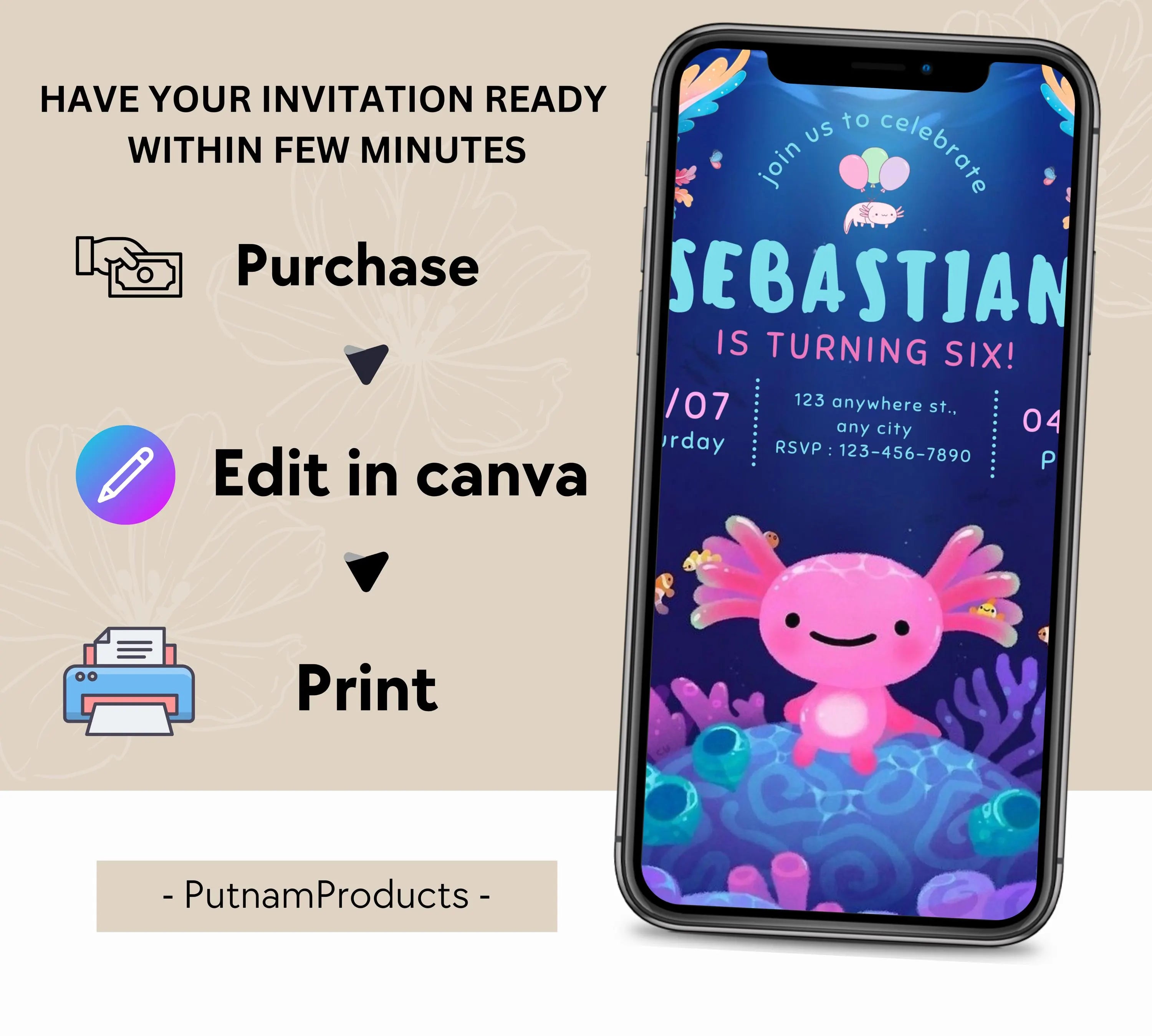 Axolotl Birthday Invitation| Editable Axolotl Birthday Invitation| Pink Girl Axolotls Invite|  Alotl Fun Birthday Invite|  Editable Template