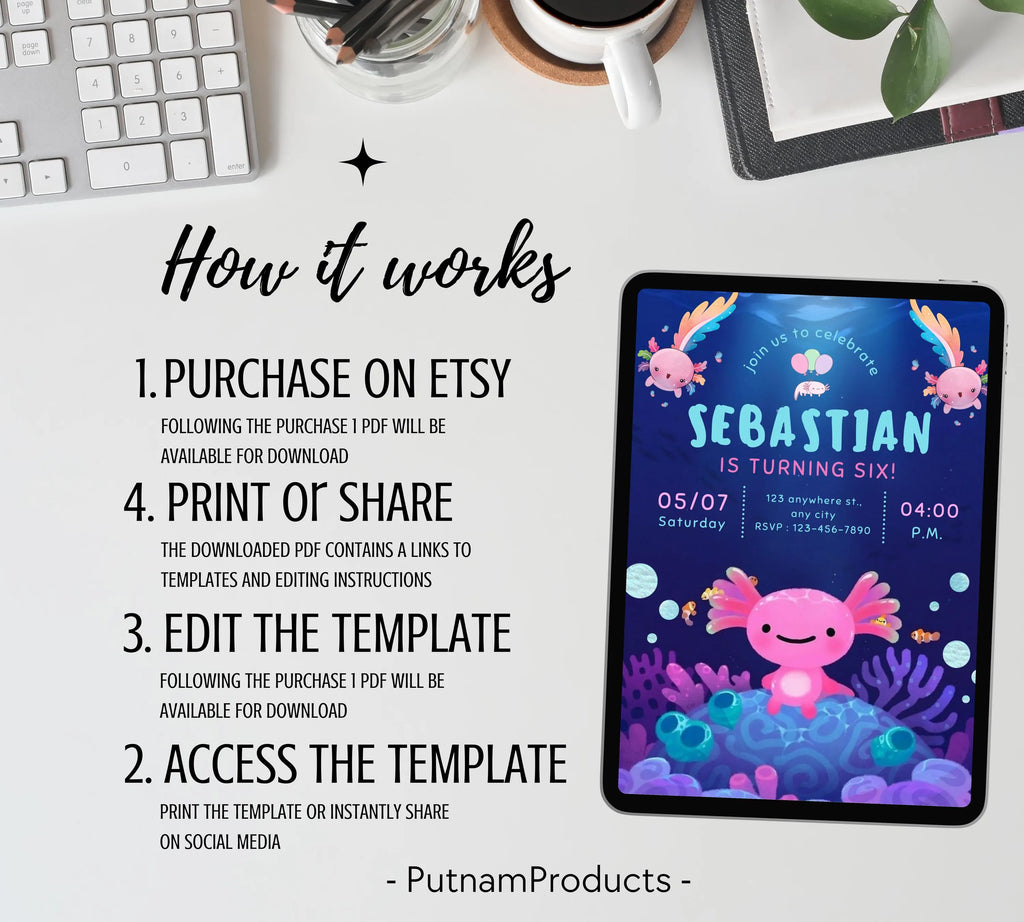 Axolotl Birthday Invitation| Editable Axolotl Birthday Invitation| Pink Girl Axolotls Invite|  Alotl Fun Birthday Invite|  Editable Template