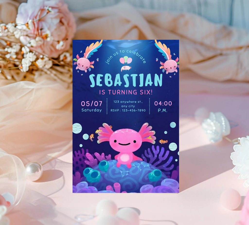 Axolotl Birthday Invitation| Editable Axolotl Birthday Invitation| Pink Girl Axolotls Invite|  Alotl Fun Birthday Invite|  Editable Template