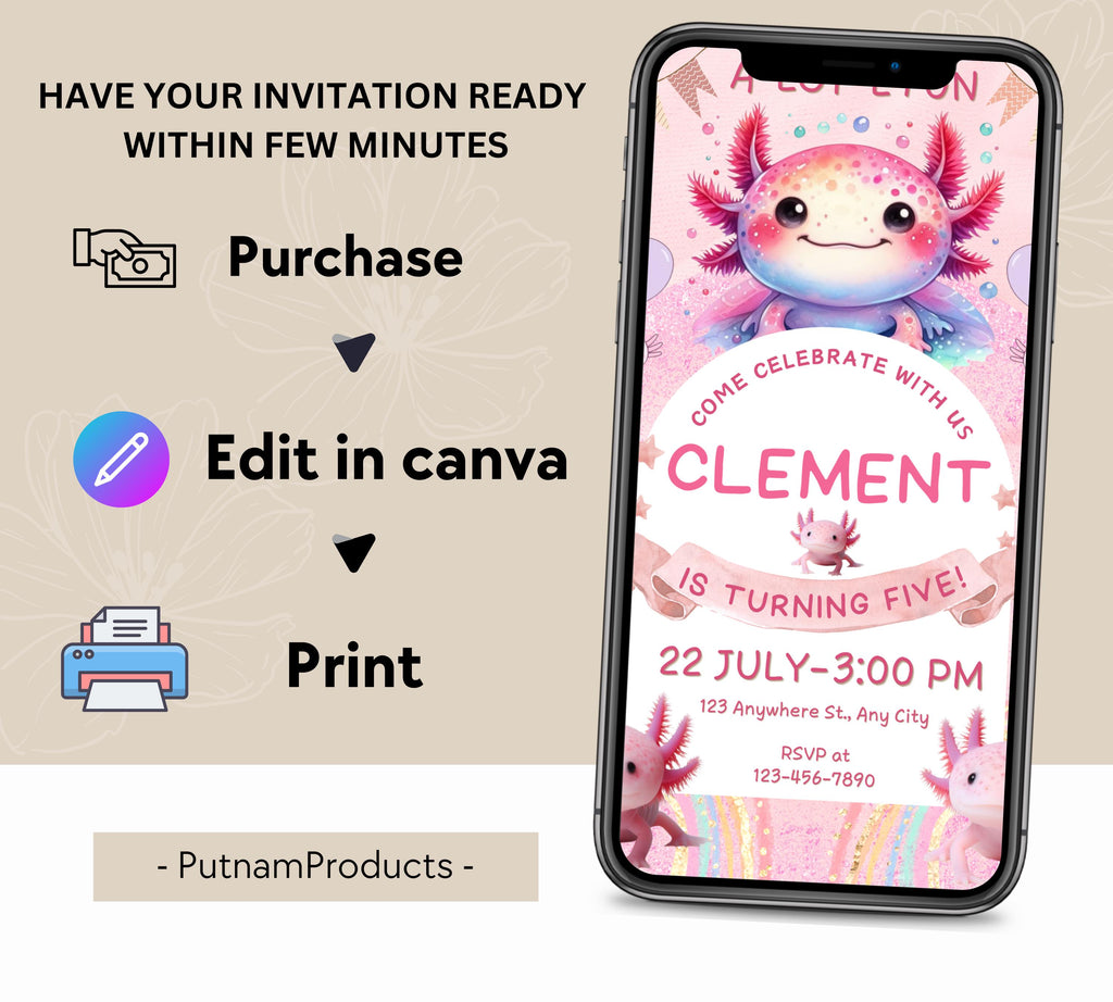 Axolotl Birthday Invitation| Pink Girl Axolotl Birthday Invitation| Pink Girl Axolotls Invite|  Alotl Fun Birthday Evite|  Editable Template