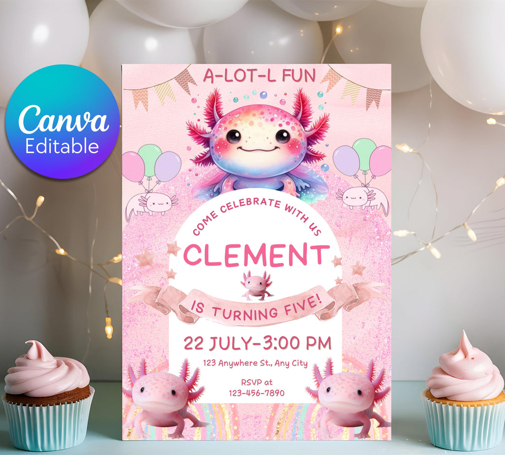 Axolotl Birthday Invitation| Pink Girl Axolotl Birthday Invitation| Pink Girl Axolotls Invite|  Alotl Fun Birthday Evite|  Editable Template