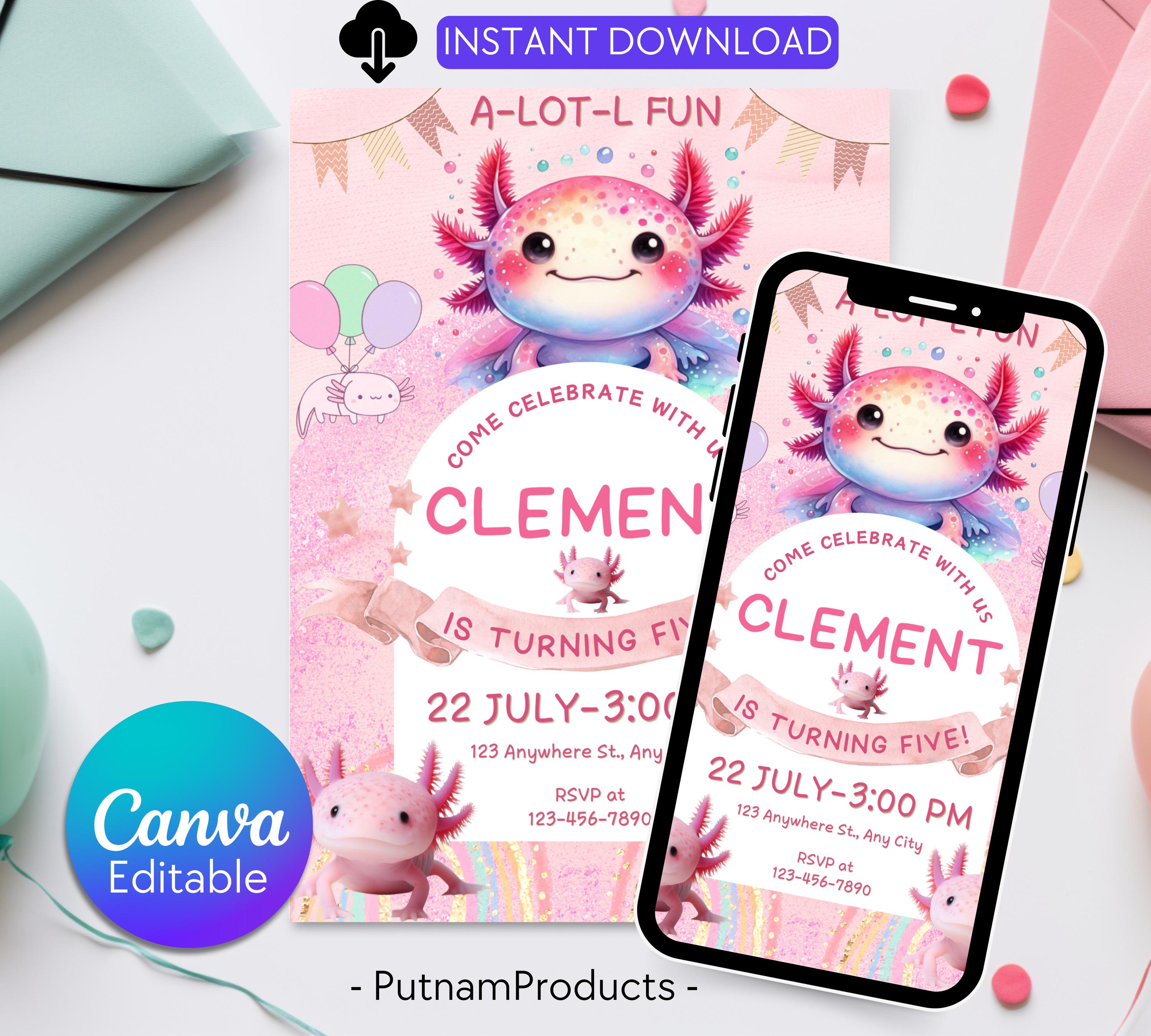 Axolotl Birthday Invitation| Pink Girl Axolotl Birthday Invitation| Pink Girl Axolotls Invite|  Alotl Fun Birthday Evite|  Editable Template