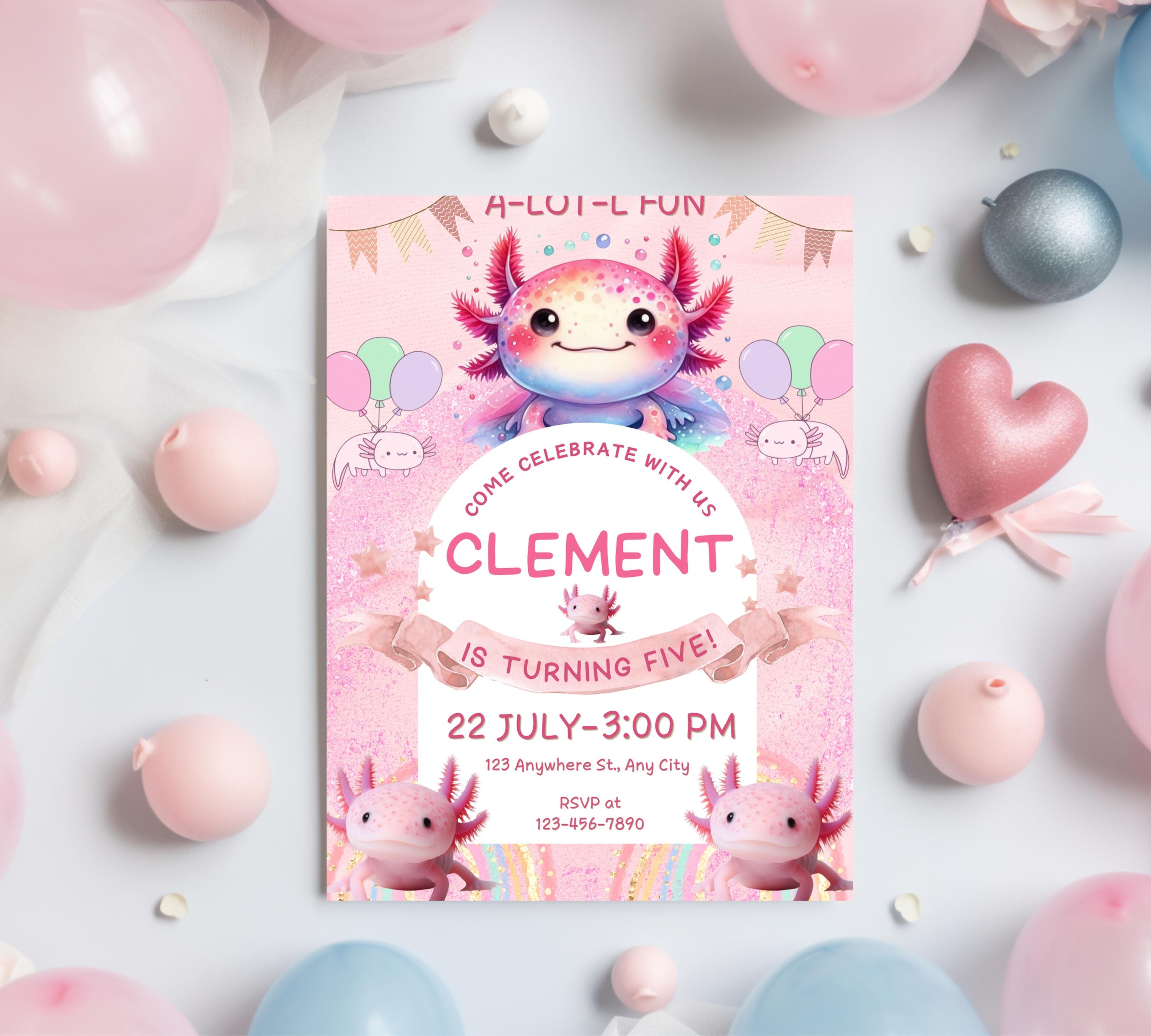 Axolotl Birthday Invitation| Pink Girl Axolotl Birthday Invitation| Pink Girl Axolotls Invite|  Alotl Fun Birthday Evite|  Editable Template
