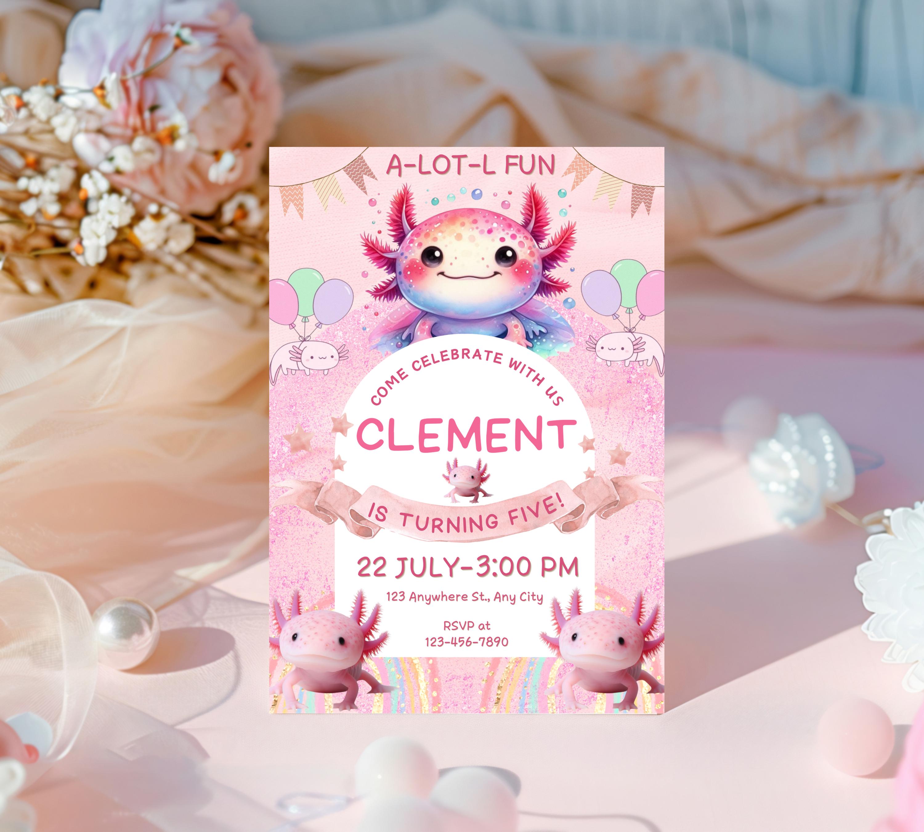 Axolotl Birthday Invitation| Pink Girl Axolotl Birthday Invitation| Pink Girl Axolotls Invite|  Alotl Fun Birthday Evite|  Editable Template