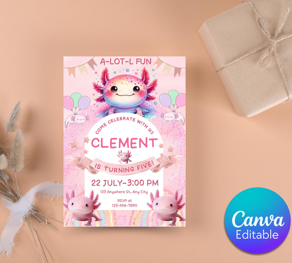 Axolotl Birthday Invitation| Pink Girl Axolotl Birthday Invitation| Pink Girl Axolotls Invite|  Alotl Fun Birthday Evite|  Editable Template