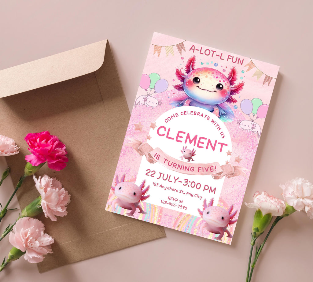 Axolotl Birthday Invitation| Pink Girl Axolotl Birthday Invitation| Pink Girl Axolotls Invite|  Alotl Fun Birthday Evite|  Editable Template