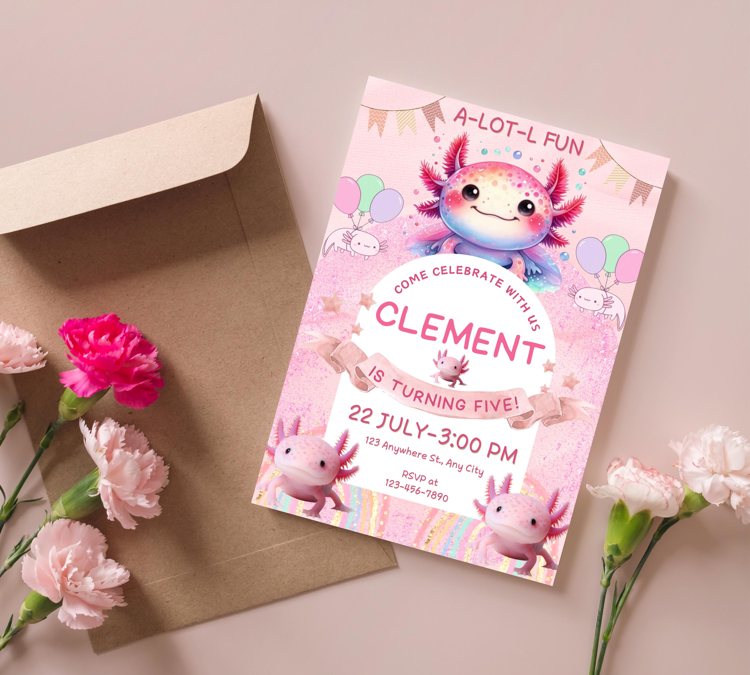 Axolotl Birthday Invitation| Pink Girl Axolotl Birthday Invitation| Pink Girl Axolotls Invite|  Alotl Fun Birthday Evite|  Editable Template
