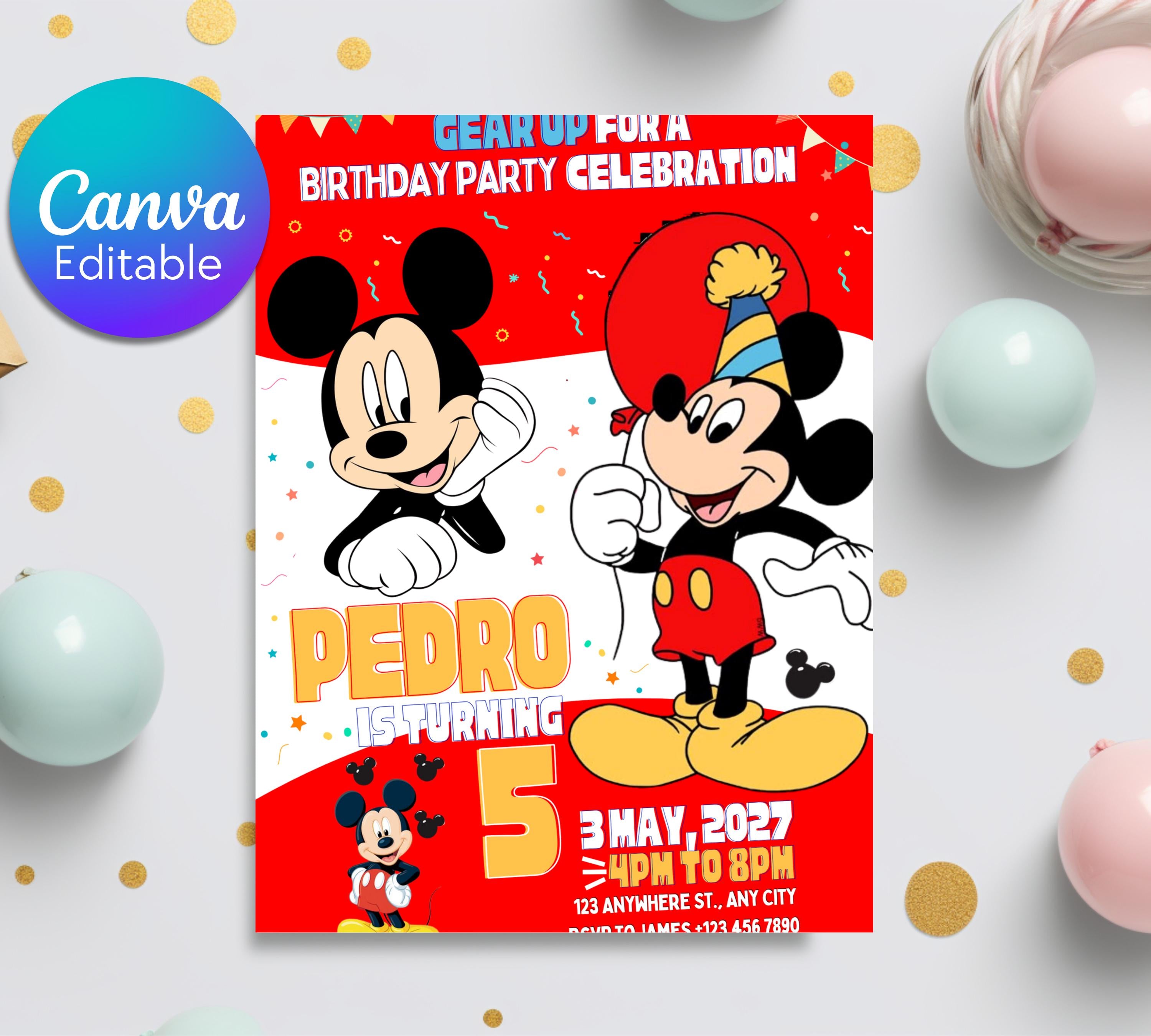 Mickey Mouse Birthday Invitation |Micky Birthday Invite | Cute Mickey Mouse Party Invite | Mickey Mouse Red & White Evite| Editable Template