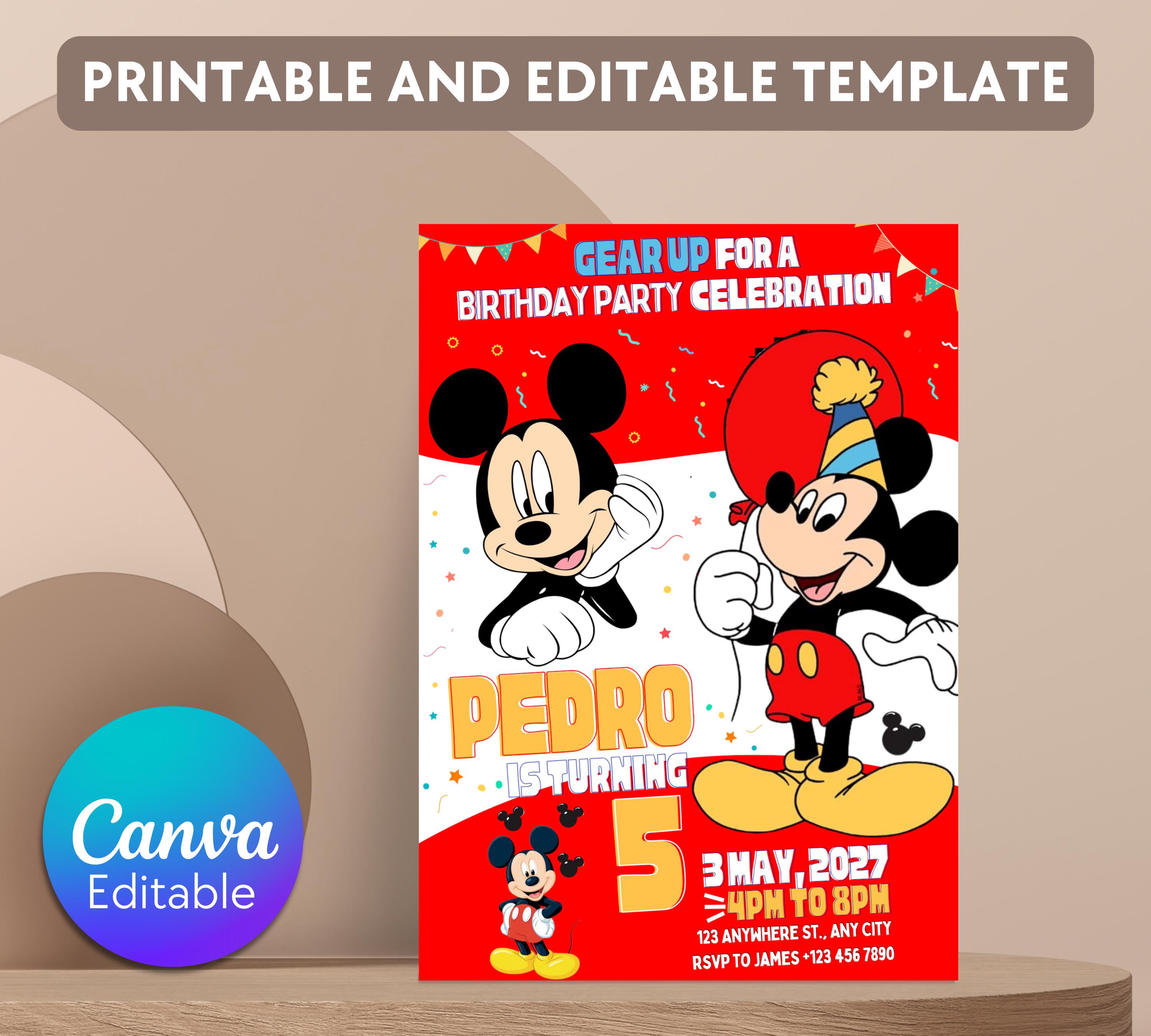 Mickey Mouse Birthday Invitation |Micky Birthday Invite | Cute Mickey Mouse Party Invite | Mickey Mouse Red & White Evite| Editable Template
