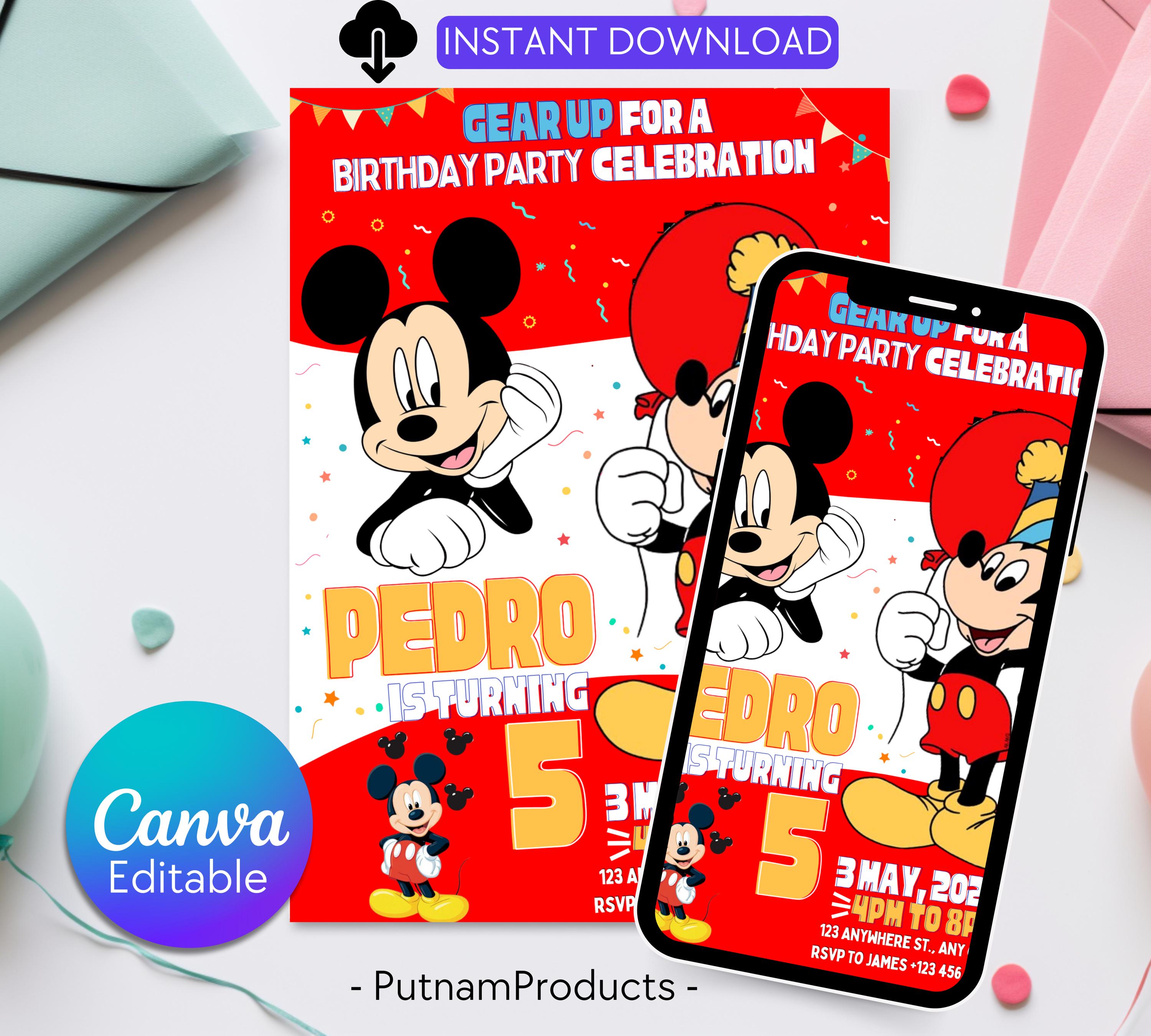 Mickey Mouse Birthday Invitation |Micky Birthday Invite | Cute Mickey Mouse Party Invite | Mickey Mouse Red & White Evite| Editable Template