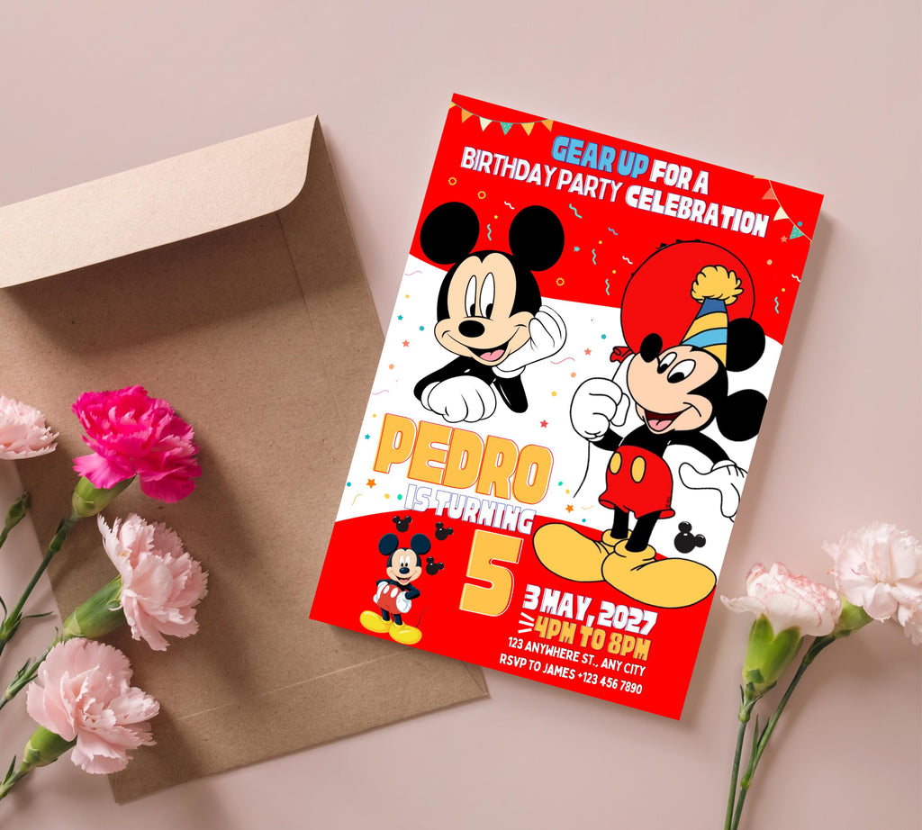 Mickey Mouse Birthday Invitation |Micky Birthday Invite | Cute Mickey Mouse Party Invite | Mickey Mouse Red & White Evite| Editable Template