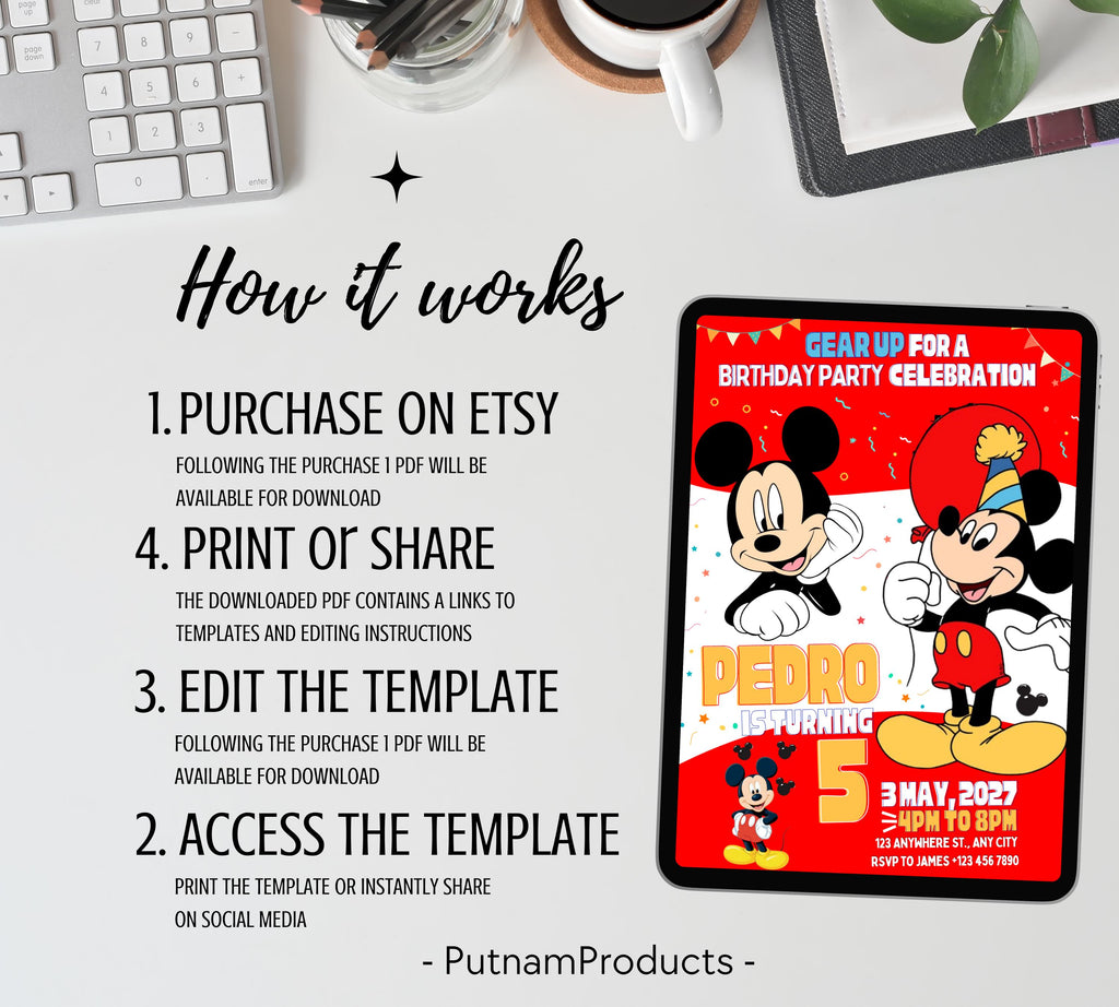 Mickey Mouse Birthday Invitation |Micky Birthday Invite | Cute Mickey Mouse Party Invite | Mickey Mouse Red & White Evite| Editable Template