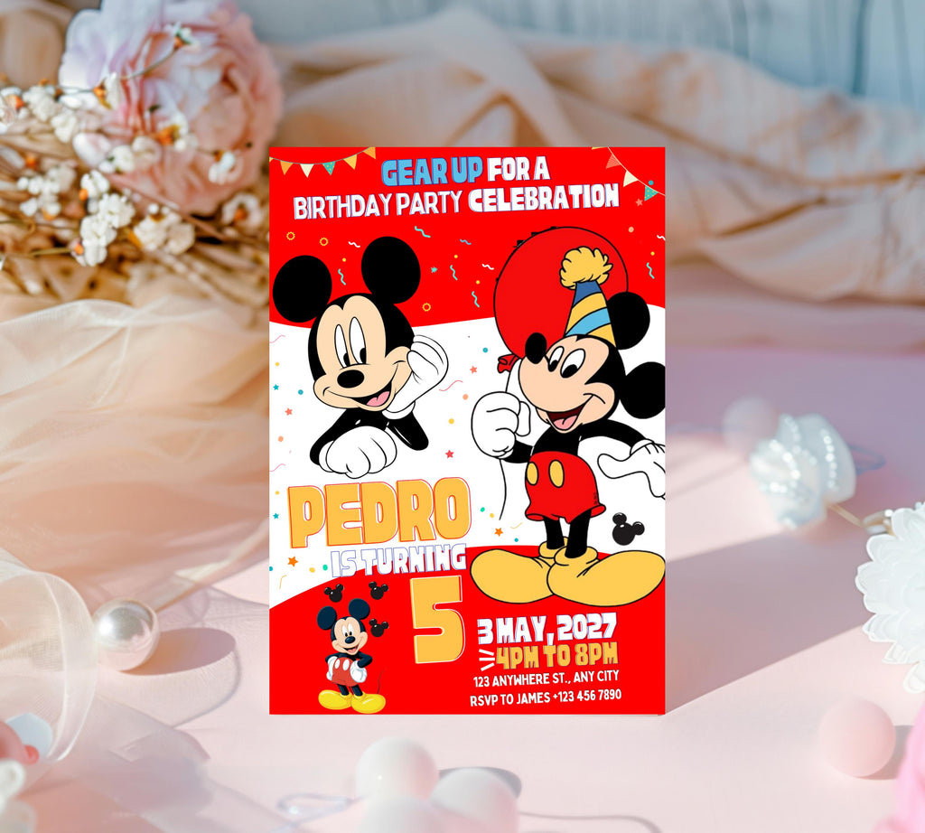 Mickey Mouse Birthday Invitation |Micky Birthday Invite | Cute Mickey Mouse Party Invite | Mickey Mouse Red & White Evite| Editable Template