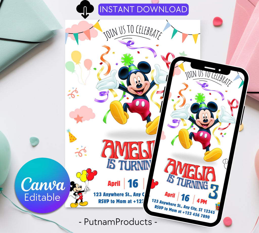 Mickey Mouse Birthday Invitation | Editable & Printable Template | Cute Mickey Mouse Party Invite| Disney Friend Birthday| Editable Template