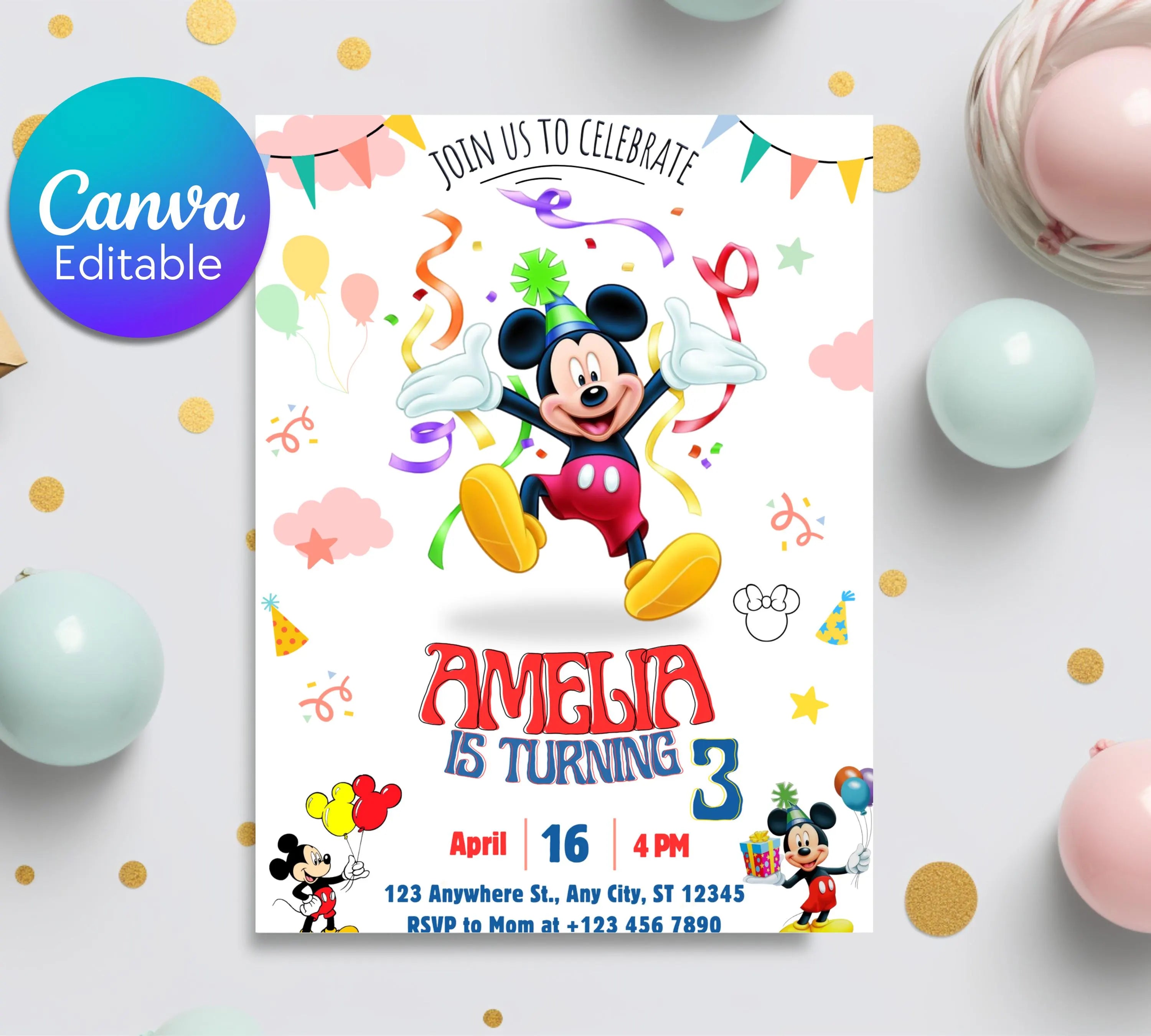 Mickey Mouse Birthday Invitation | Editable & Printable Template | Cute Mickey Mouse Party Invite| Disney Friend Birthday| Editable Template