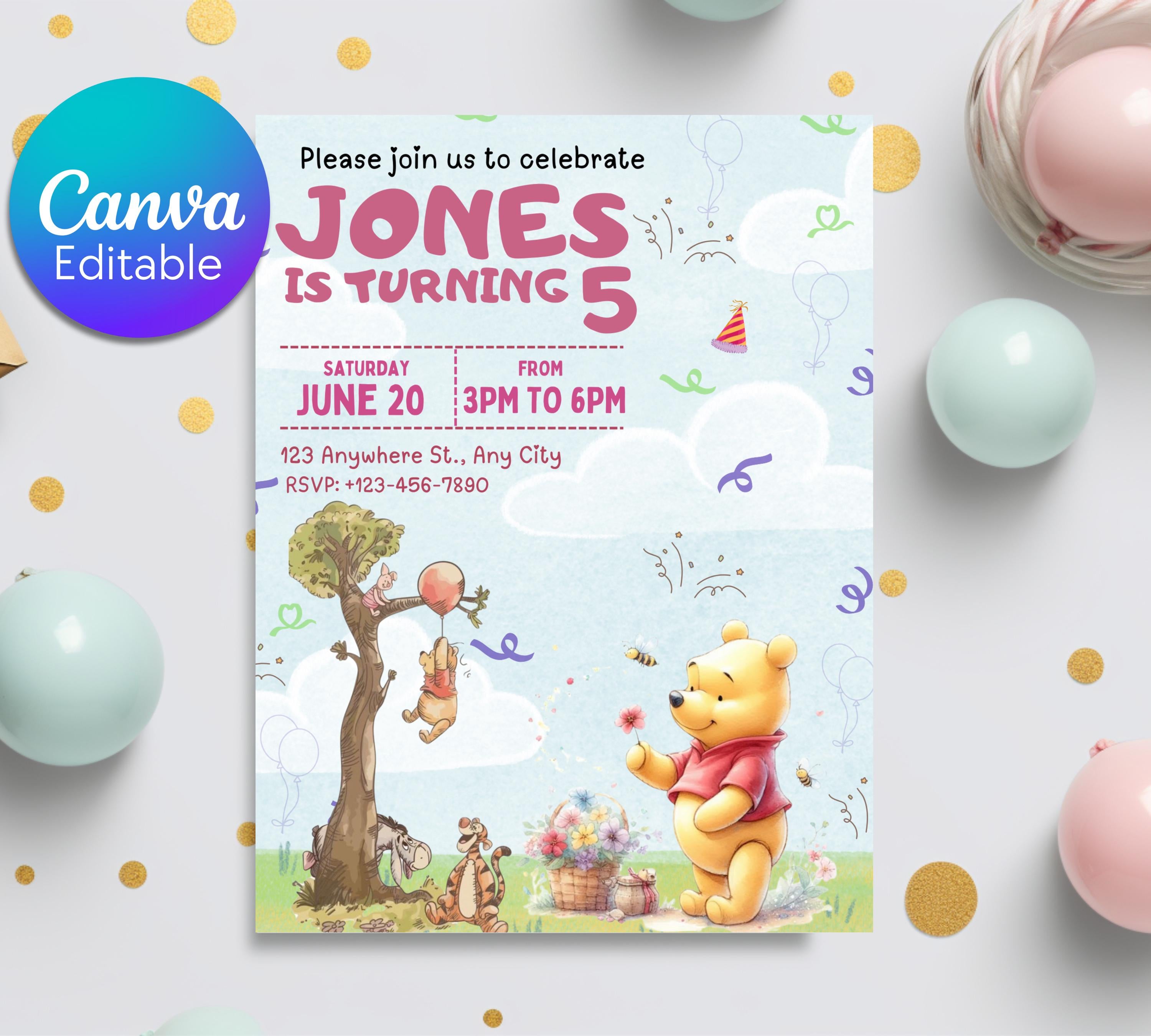 Winnie The Pooh Birthday Invitation Template| Printable Birthday Party Invitations| Digital Kids Party Invites Bday Card | Editable Template