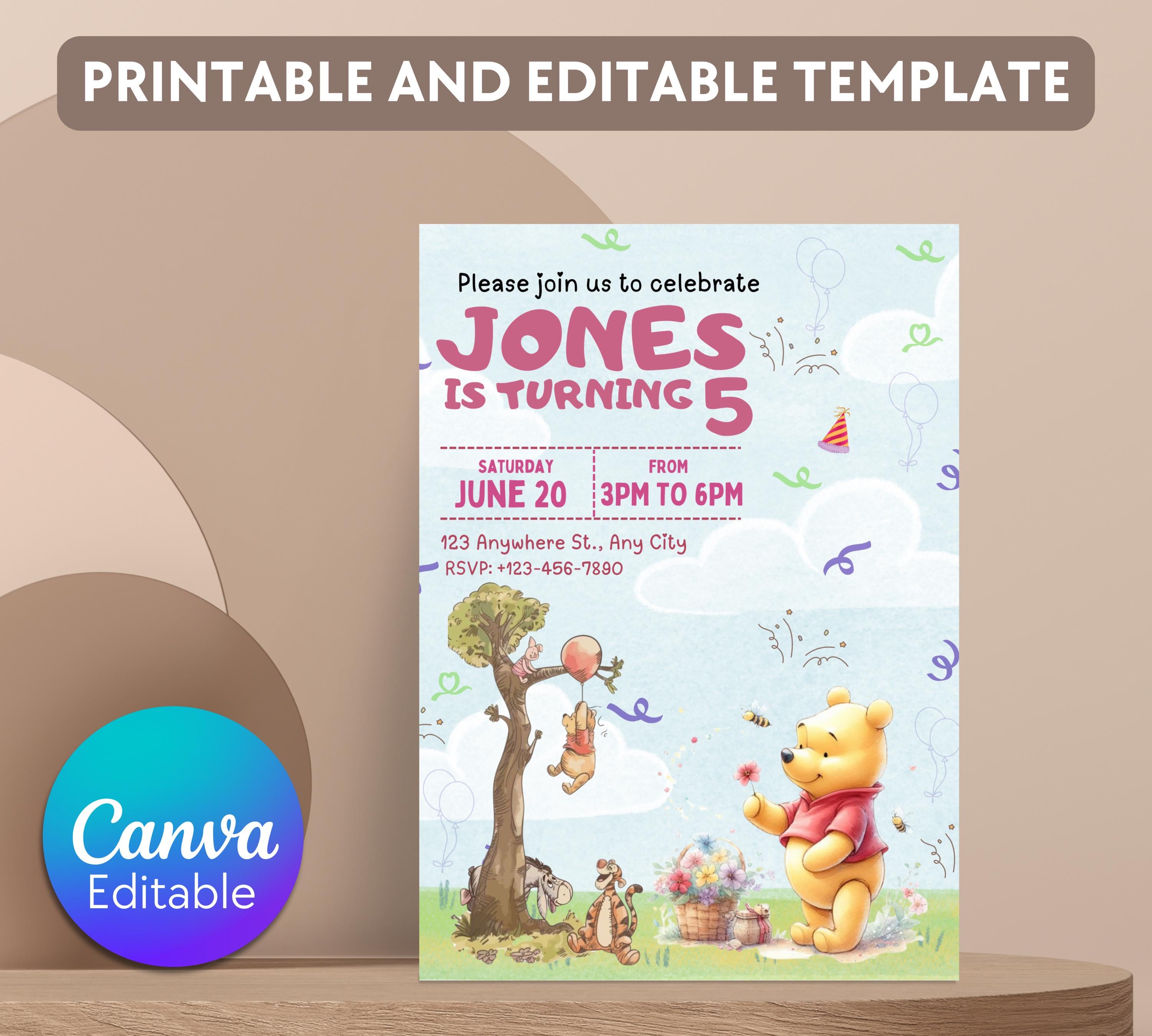 Winnie The Pooh Birthday Invitation Template| Printable Birthday Party Invitations| Digital Kids Party Invites Bday Card | Editable Template