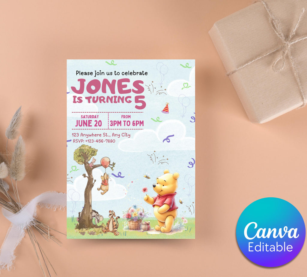 Winnie The Pooh Birthday Invitation Template| Printable Birthday Party Invitations| Digital Kids Party Invites Bday Card | Editable Template