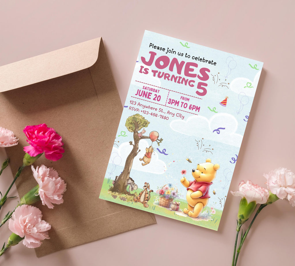 Winnie The Pooh Birthday Invitation Template| Printable Birthday Party Invitations| Digital Kids Party Invites Bday Card | Editable Template