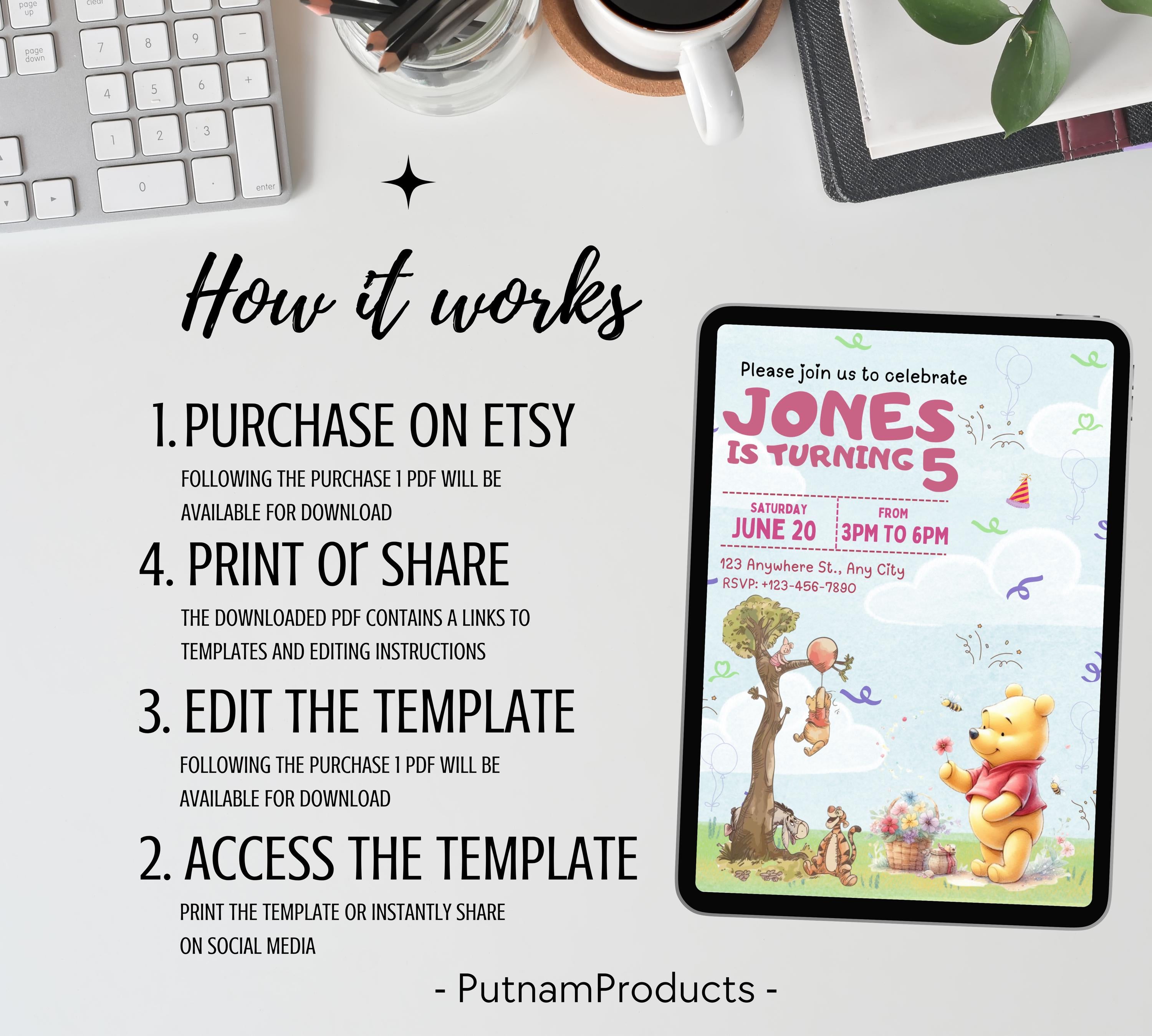 Winnie The Pooh Birthday Invitation Template| Printable Birthday Party Invitations| Digital Kids Party Invites Bday Card | Editable Template