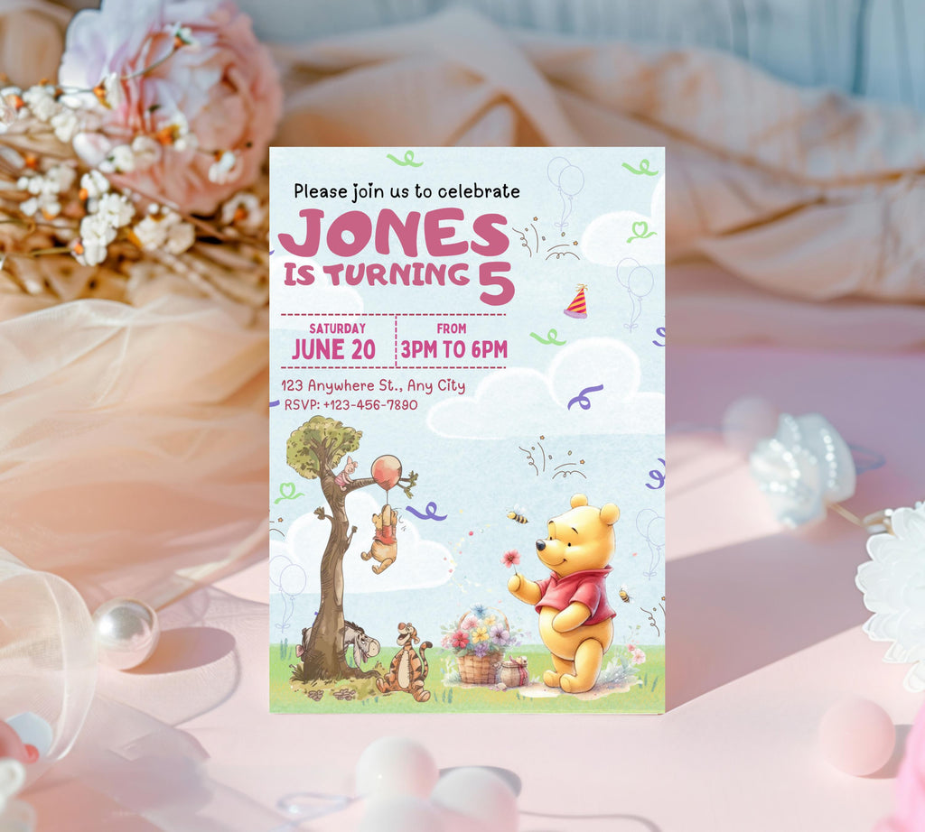 Winnie The Pooh Birthday Invitation Template| Printable Birthday Party Invitations| Digital Kids Party Invites Bday Card | Editable Template