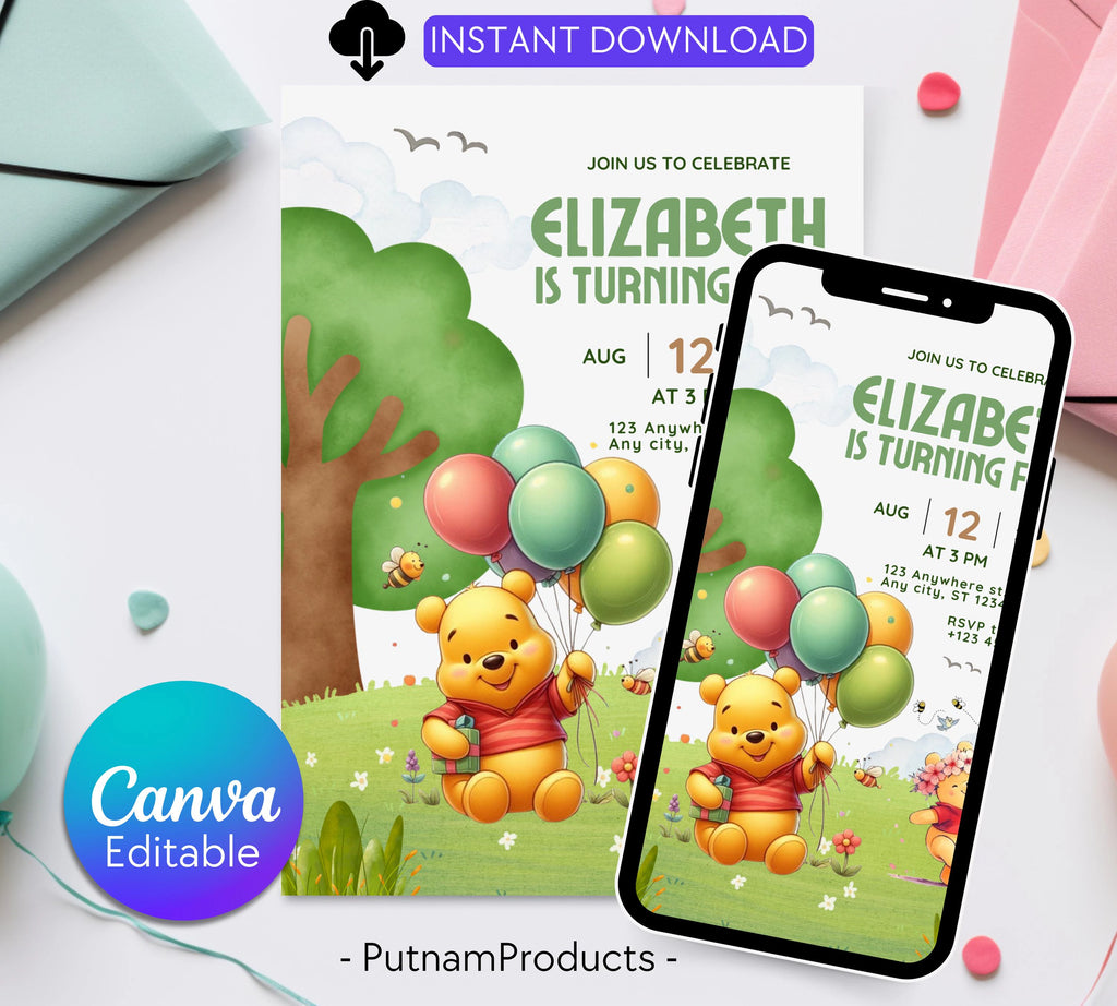 Winnie The Pooh Birthday Invitation| Birthday Party Invitations| Digital Kids Party Evite Bday Card| Winnie The Pooh Card| Editable Template