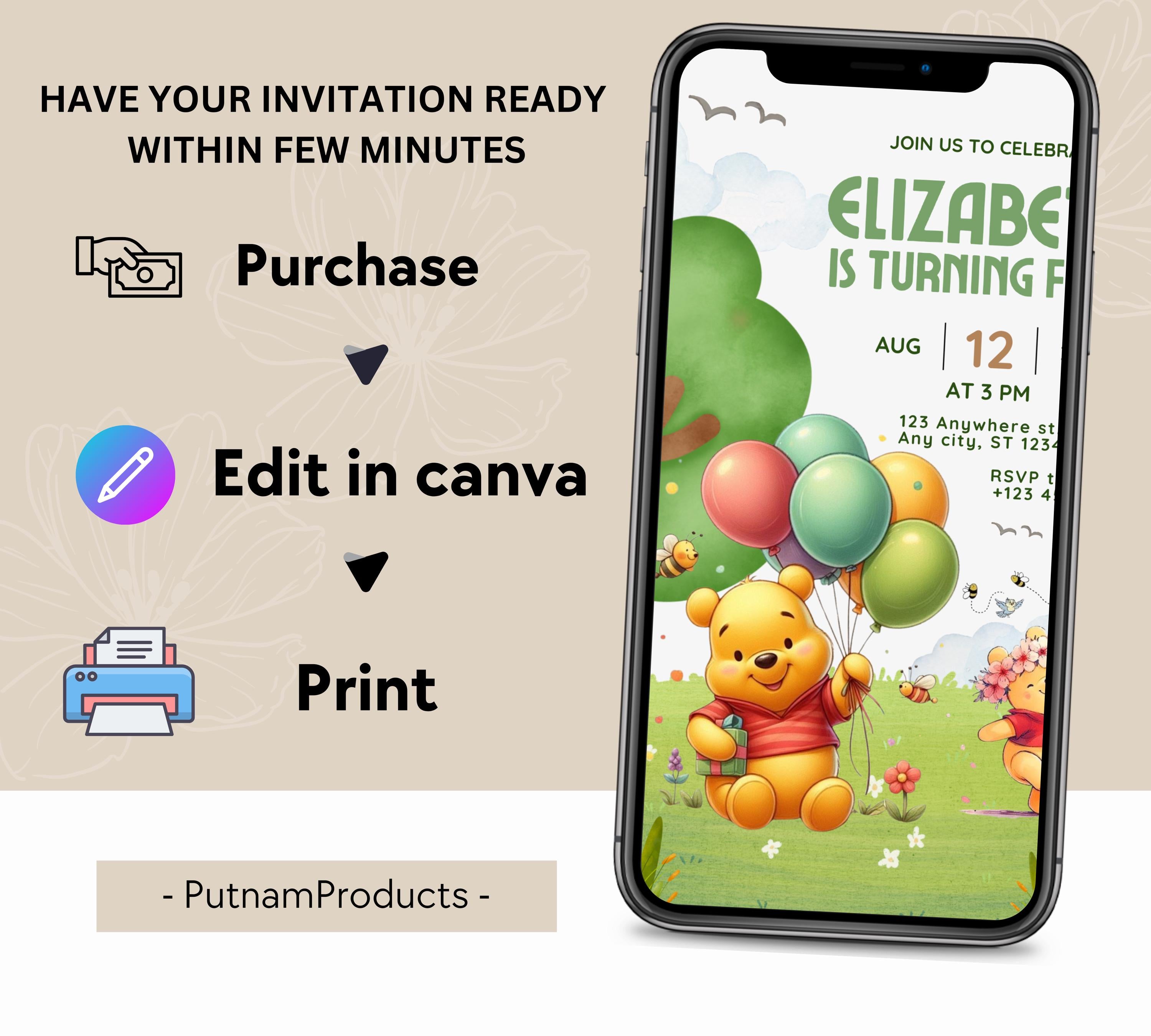 Winnie The Pooh Birthday Invitation| Birthday Party Invitations| Digital Kids Party Evite Bday Card| Winnie The Pooh Card| Editable Template