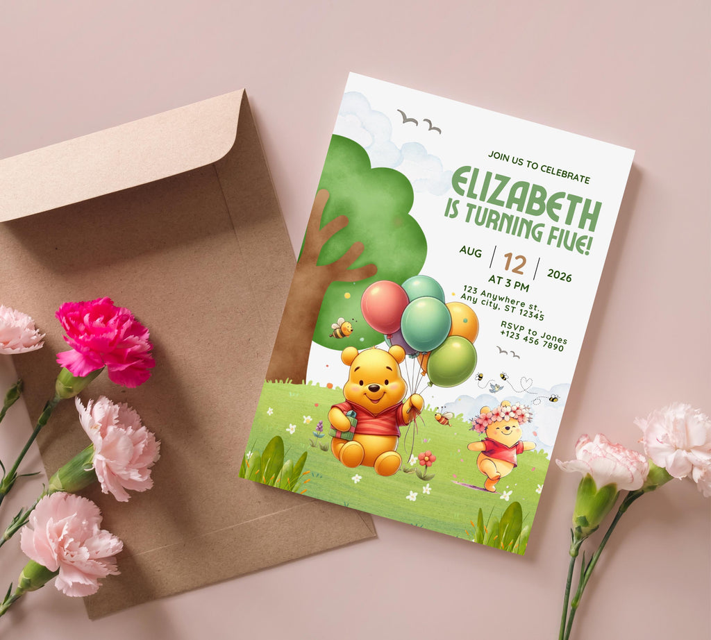 Winnie The Pooh Birthday Invitation| Birthday Party Invitations| Digital Kids Party Evite Bday Card| Winnie The Pooh Card| Editable Template