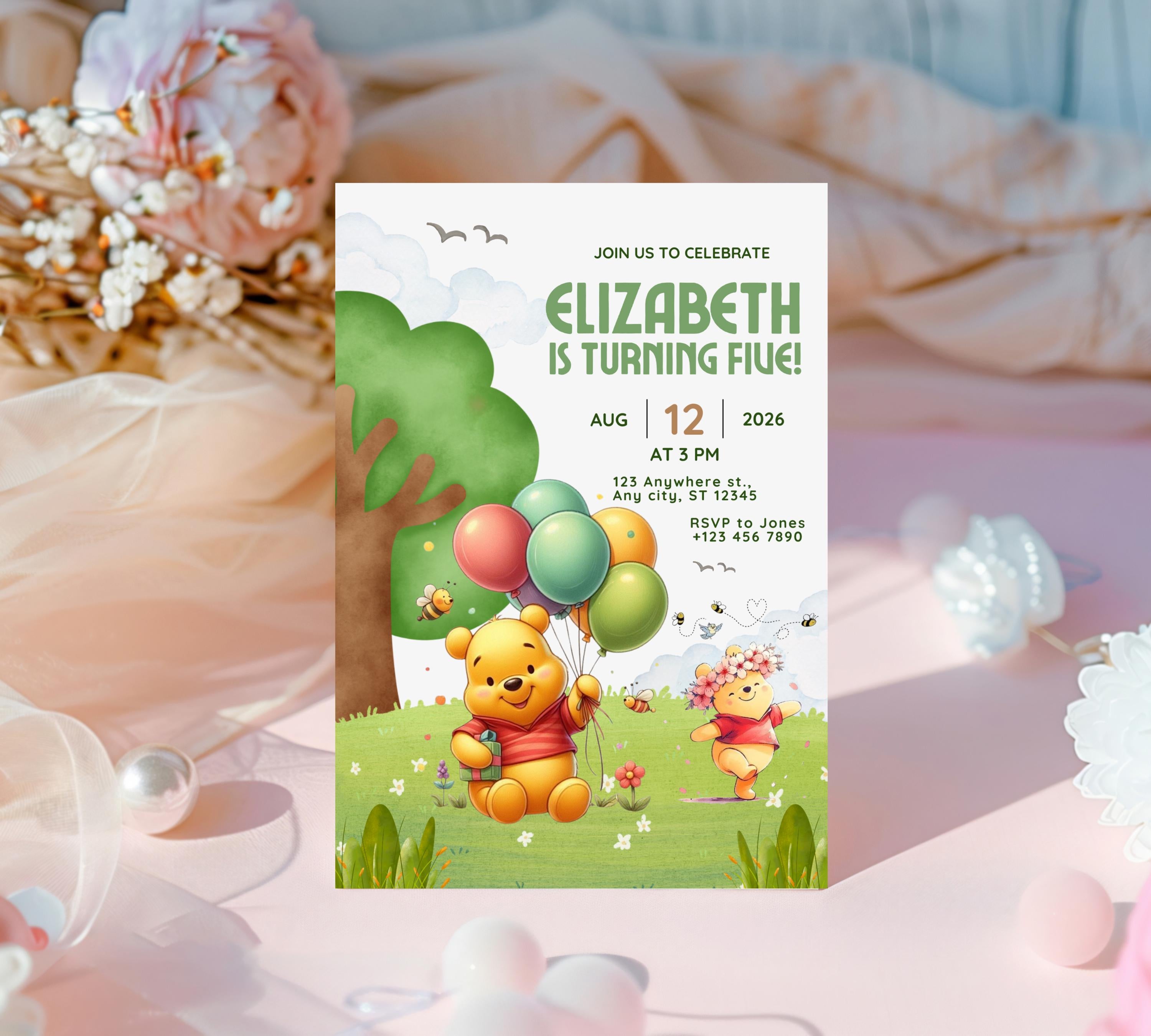 Winnie The Pooh Birthday Invitation| Birthday Party Invitations| Digital Kids Party Evite Bday Card| Winnie The Pooh Card| Editable Template